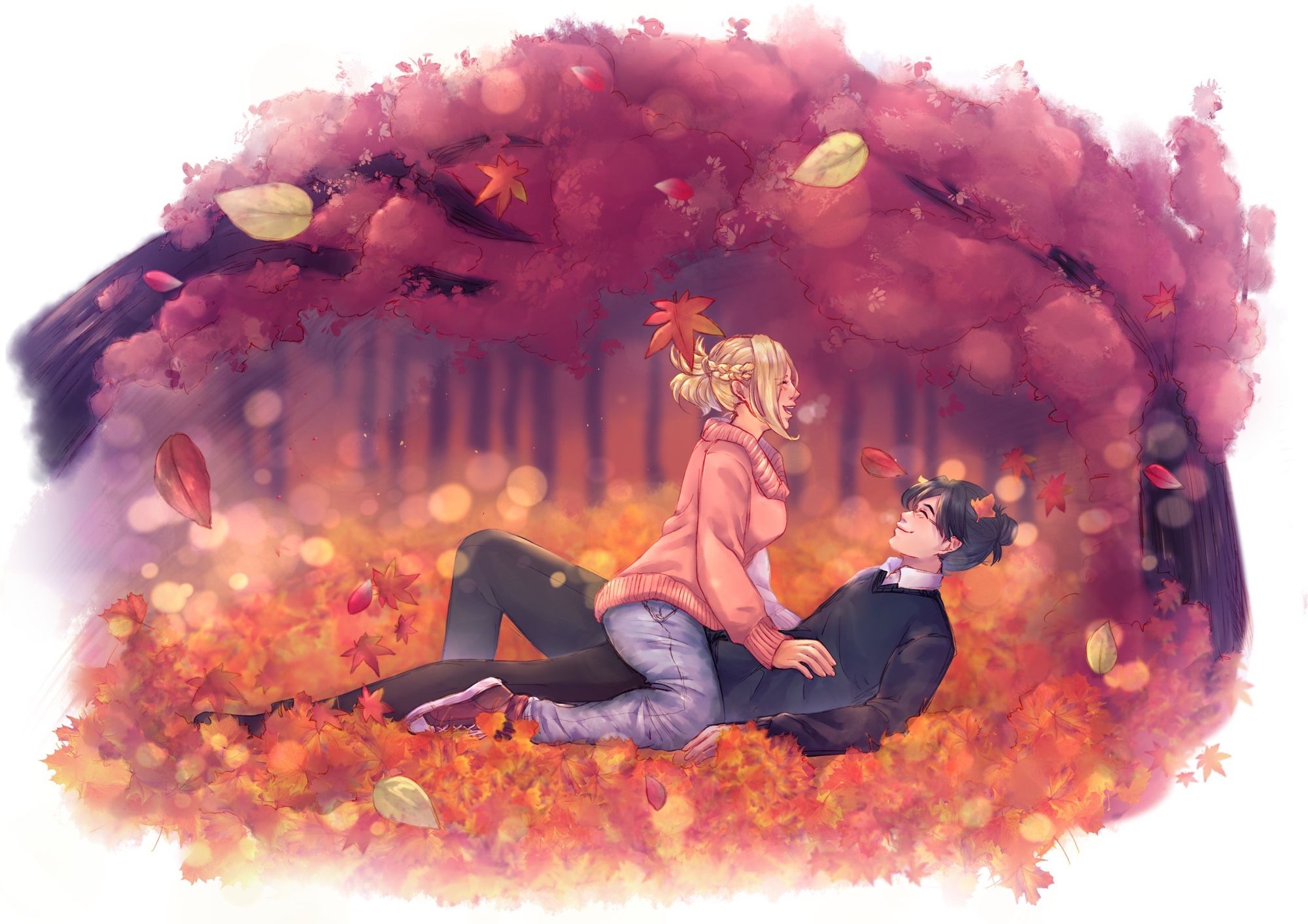 Final Fantasy XIV art of Minfilia in a pink sweater and jeans laughing and straddling the Warrior of Light, who is laying underneath her on a forest floor covered by fallen leaves.