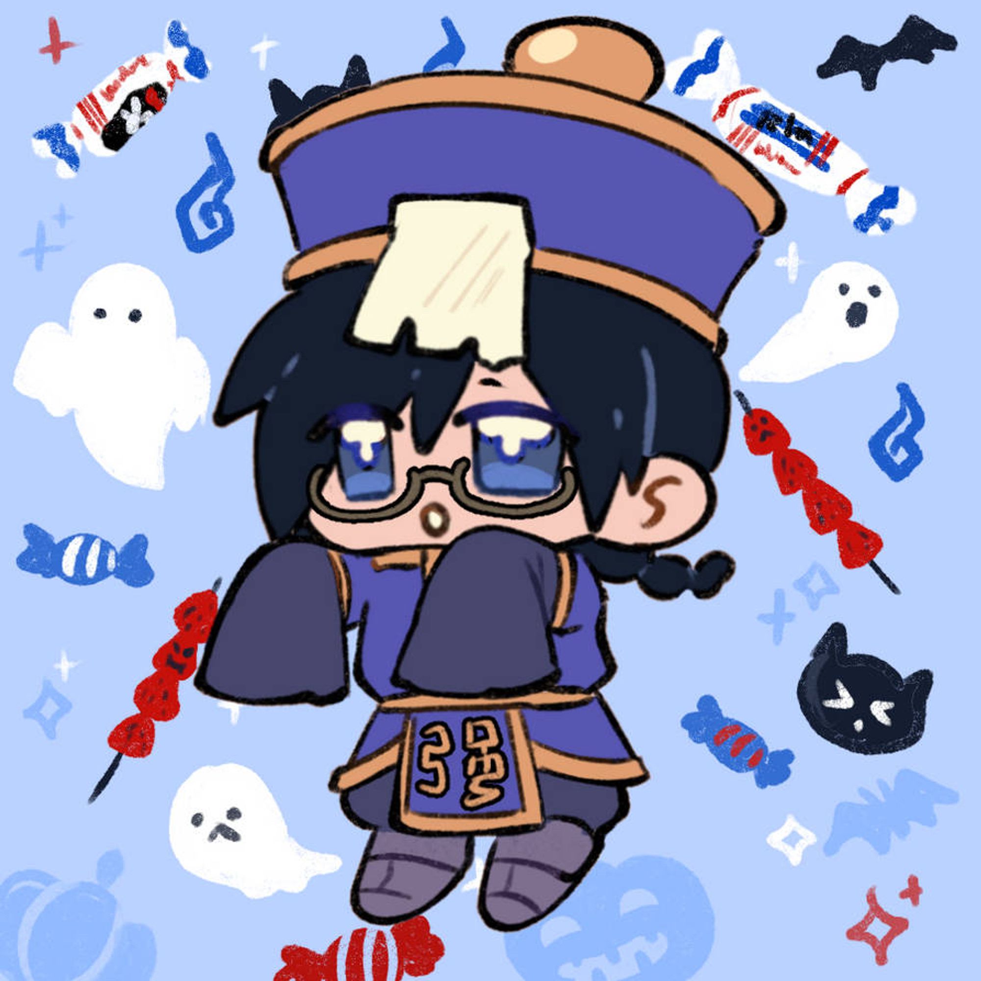 Chibi art of the Warrior of Light from Final Fantasy XIV dressed as a jiangshi (hopping vampire).