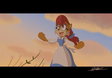 A Disney/sonic fanart of Sally the Acorn as Belle from Beauty and the Beast. 