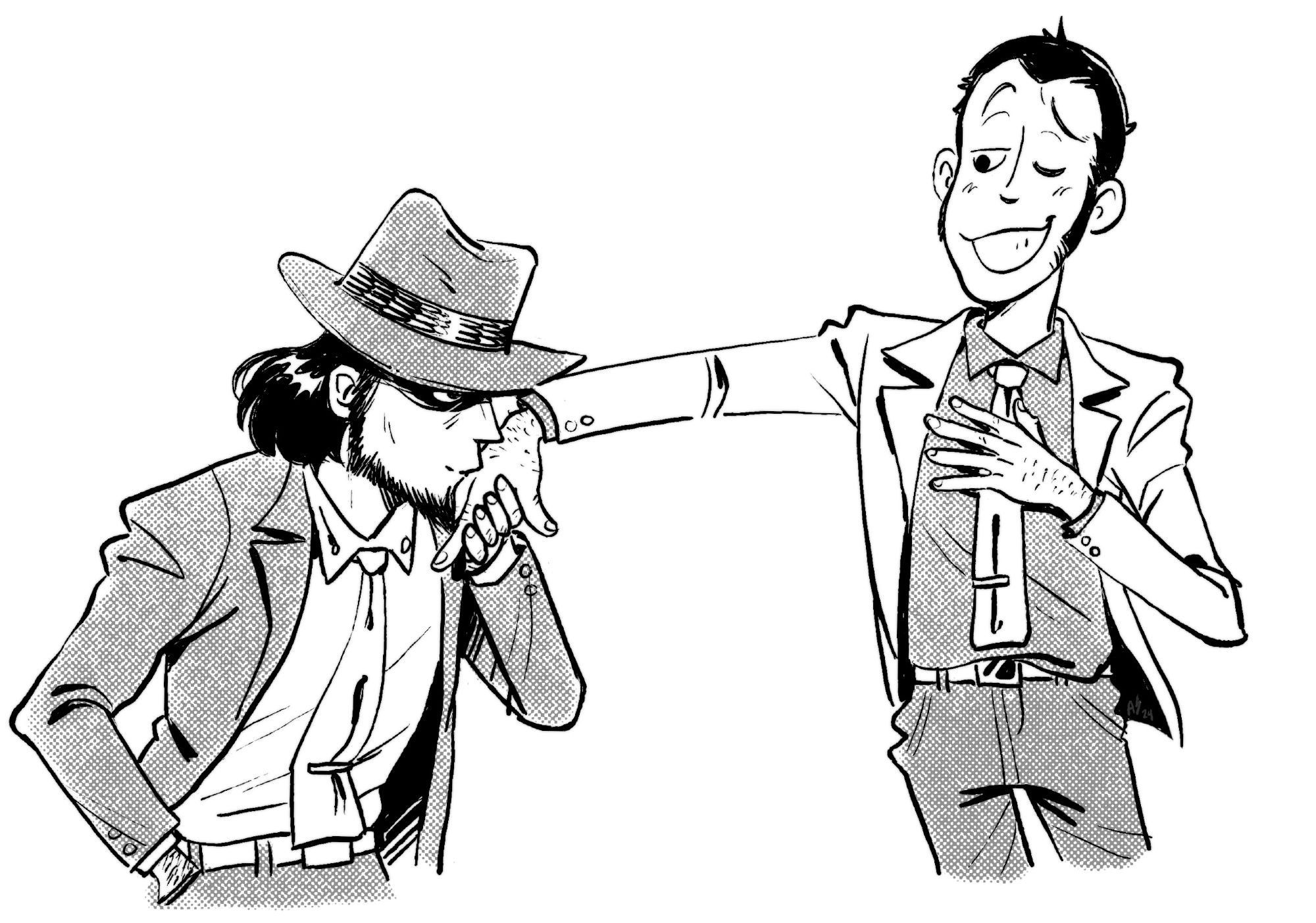 jigen daisuke kissing lupin's hand as lupin swoons. they are making eye contact