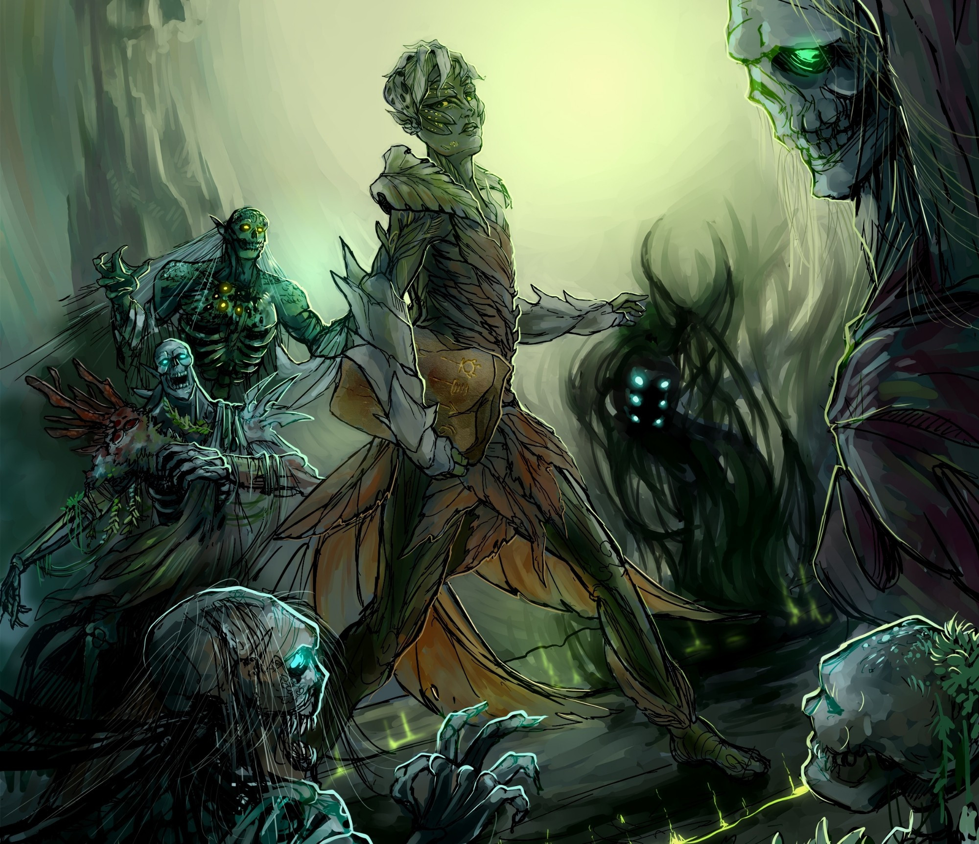 Illustration of Trahearne from Guild Wars 2 fighting a group of undead risen in Orr. He is summoning a spectral minion and holding an ancient tablet.