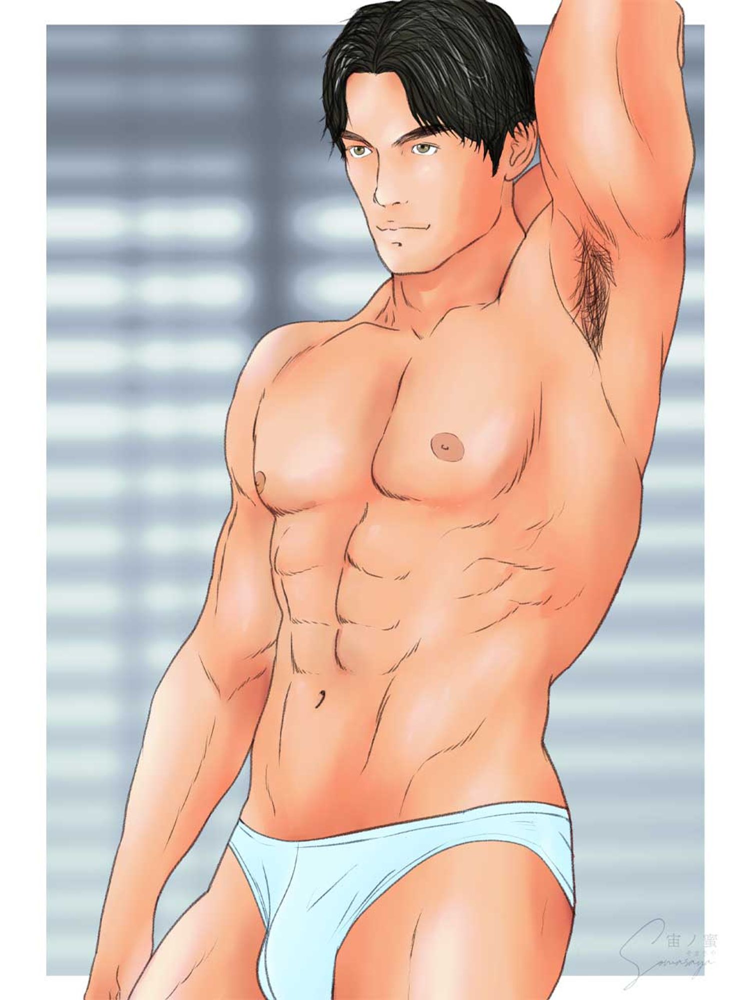 イラスト男性白ビキニパンツ姿