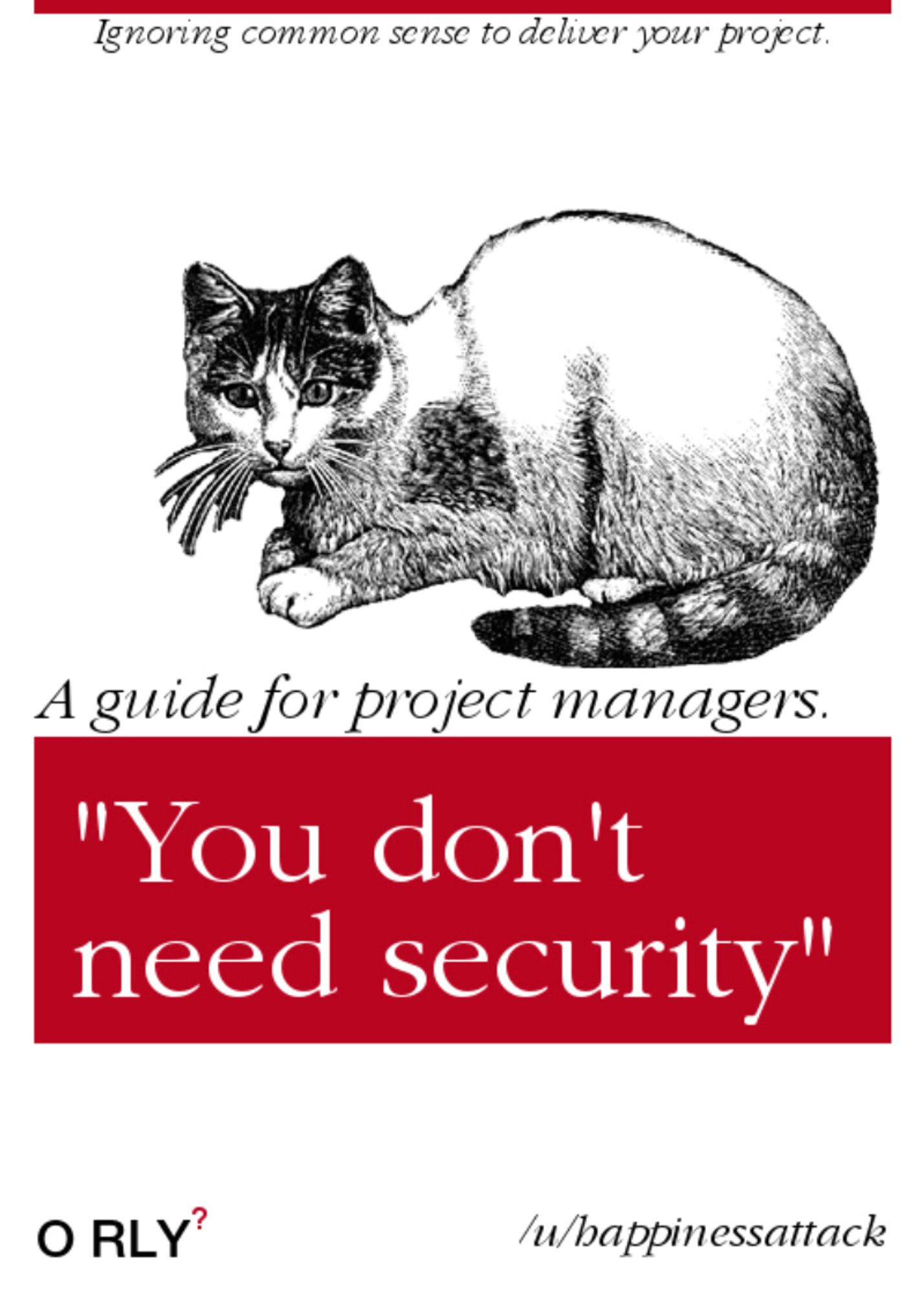 You don’t need security : A guide for project managers (ignoring common sense to deliver your project)
Couverture de livre fictif reprenant le design des (vrais) livres spécialisés O’Reilly