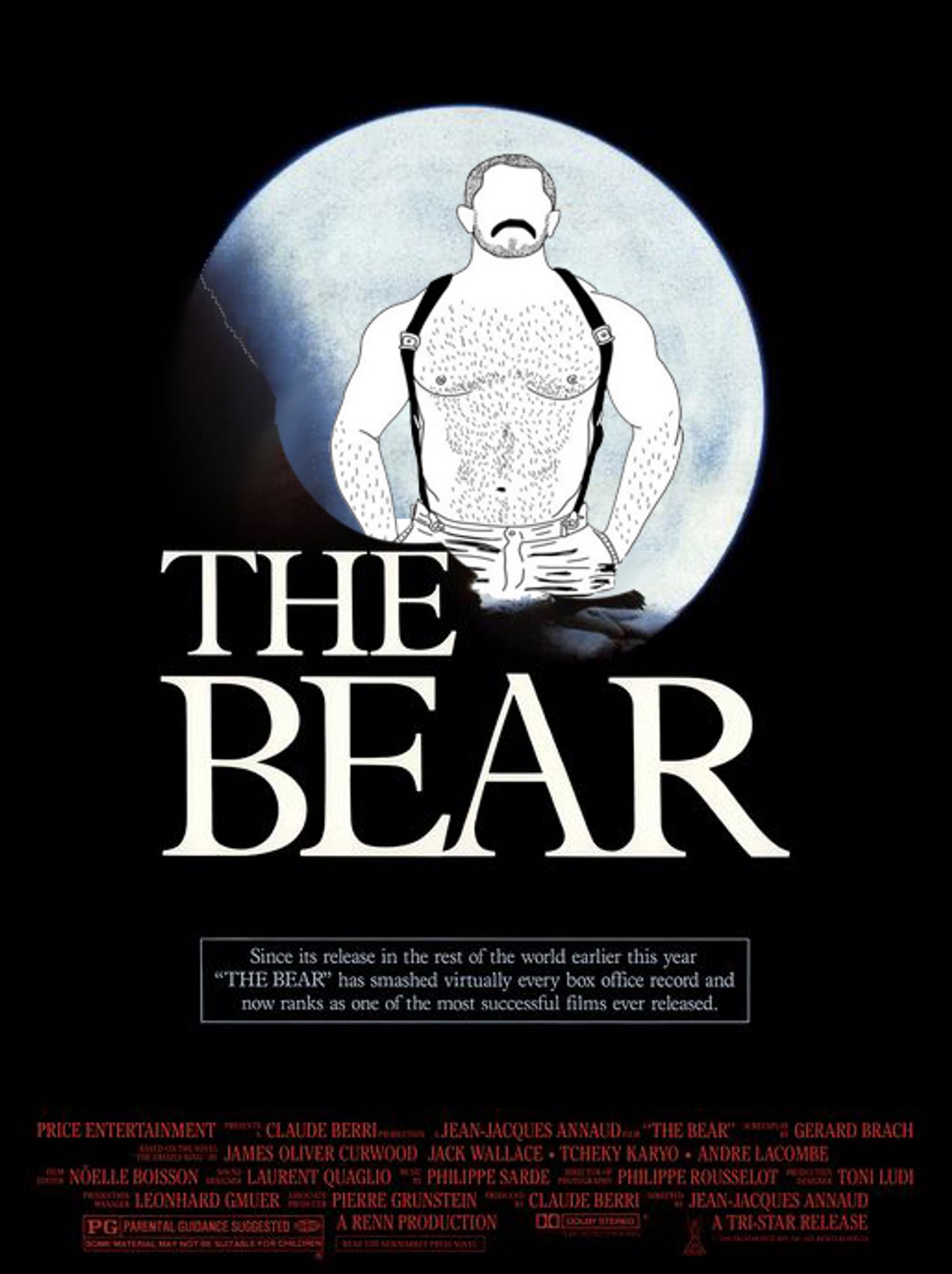 Affiche anglaise du film L'Ours de Jean-Jacques Annaud. Le titre en anglais "The Bear" est écrit en gros en blanc. En fond on voyait une silhouette d'ours posé sur une sorte de rocher. L'animal a été remplacé par le dessin d'un homme torse nu, un peu poilu, avec une moustache et des bretelles.