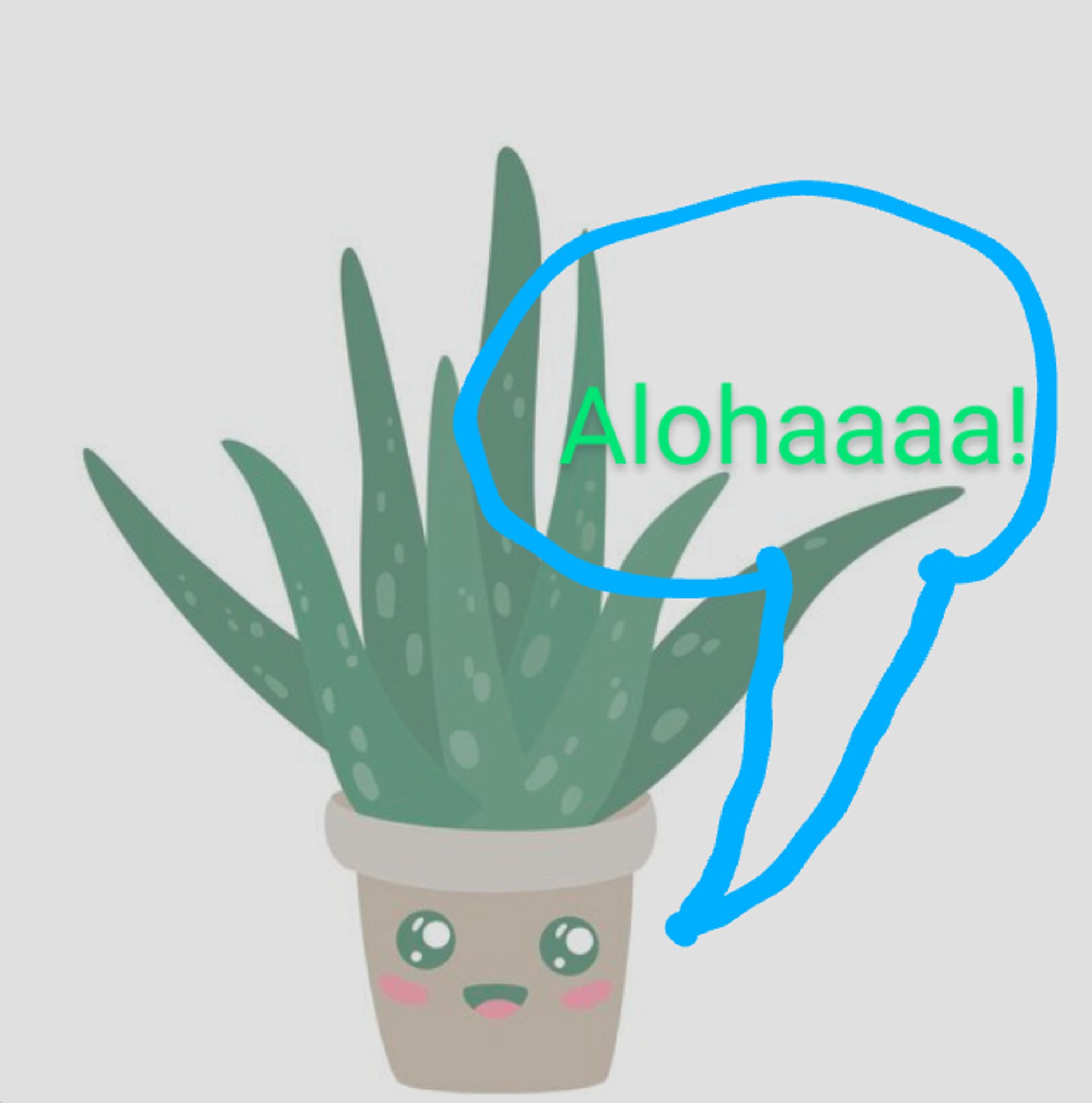 Dessin d'un aloe vera avec un visage souriant sur son pot. Ajout d'une bulle de parole: "Alohaaaa!"