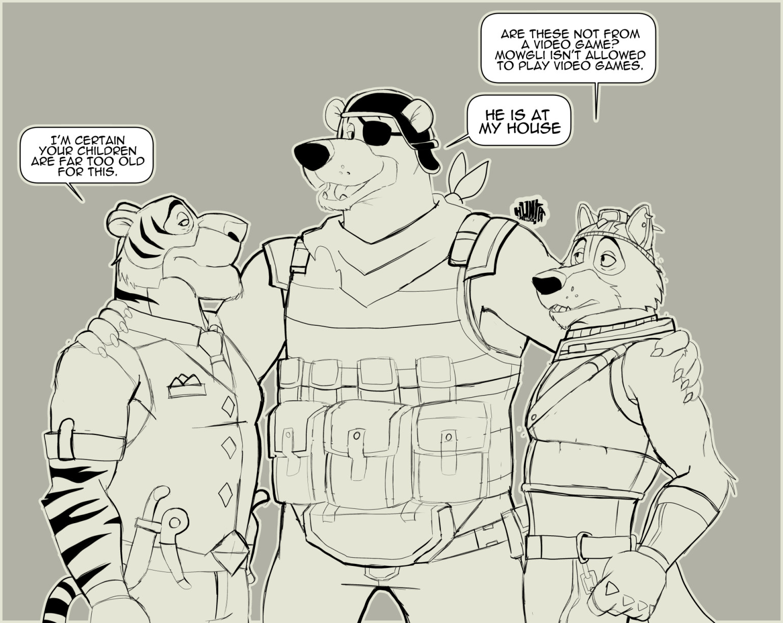 Baloo shere khan and Rama dressed up as fortnite characters for their children