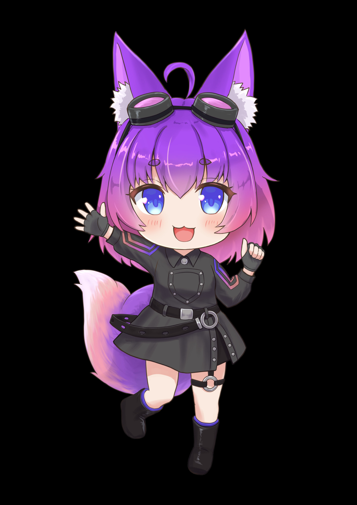 Ada, the Inochi2D mascot, a purple haired foxgirl with techwear, jumping happily to greet the viewer.