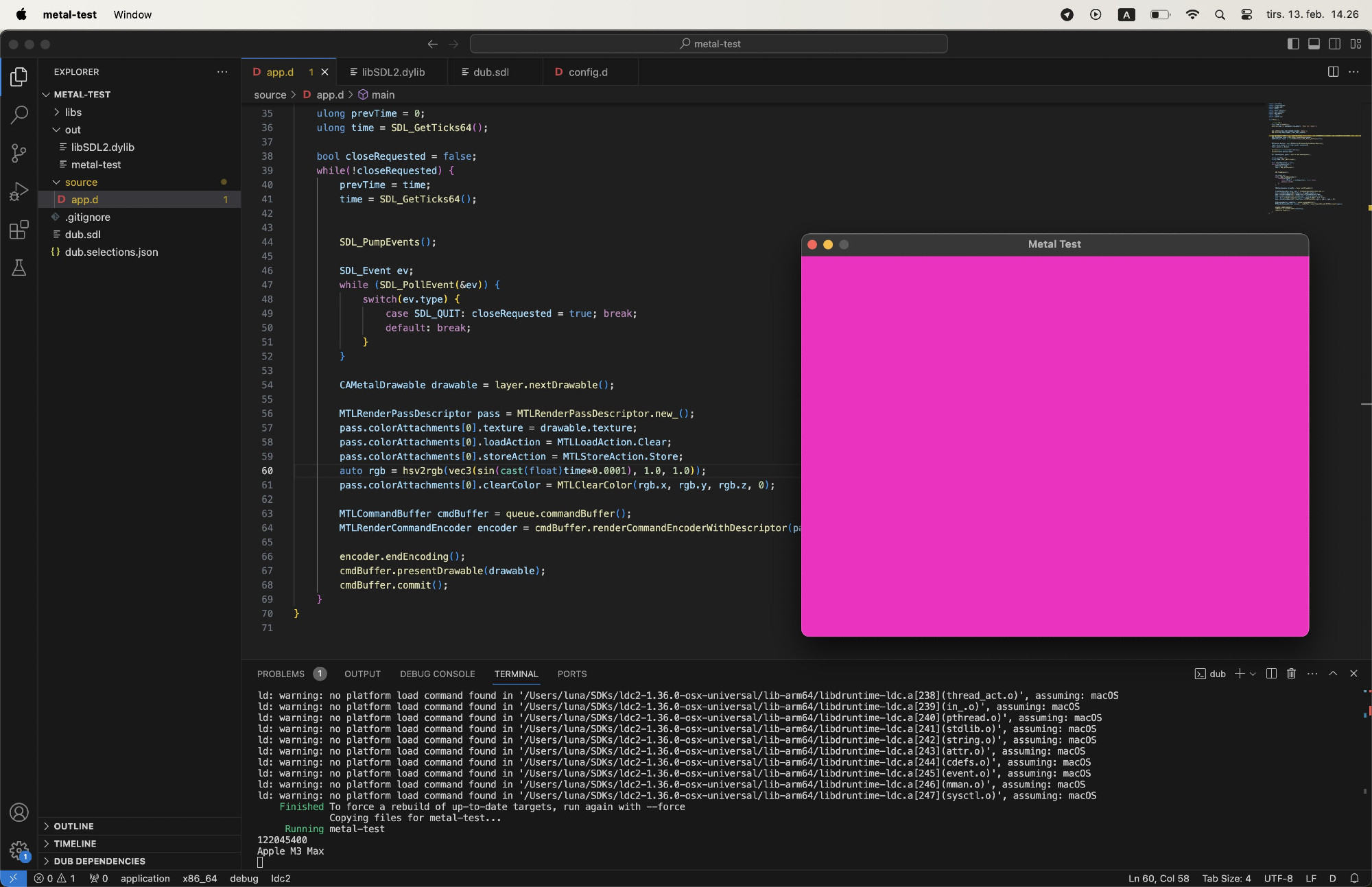 VSCode window with code interacting with Metal written in D. Another window is layered on top of a purple window, which is metal drawing to the window.