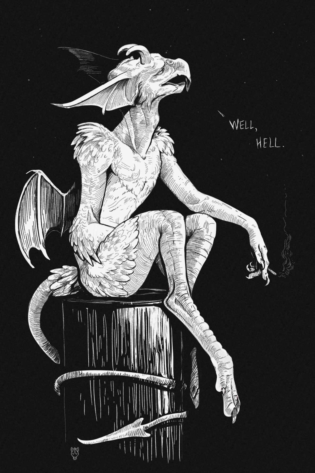 A black and white ink drawing of a medieval  type demon sitting atop a pole smoking a cigarette and looking at the stars while exlaiming "well hell"