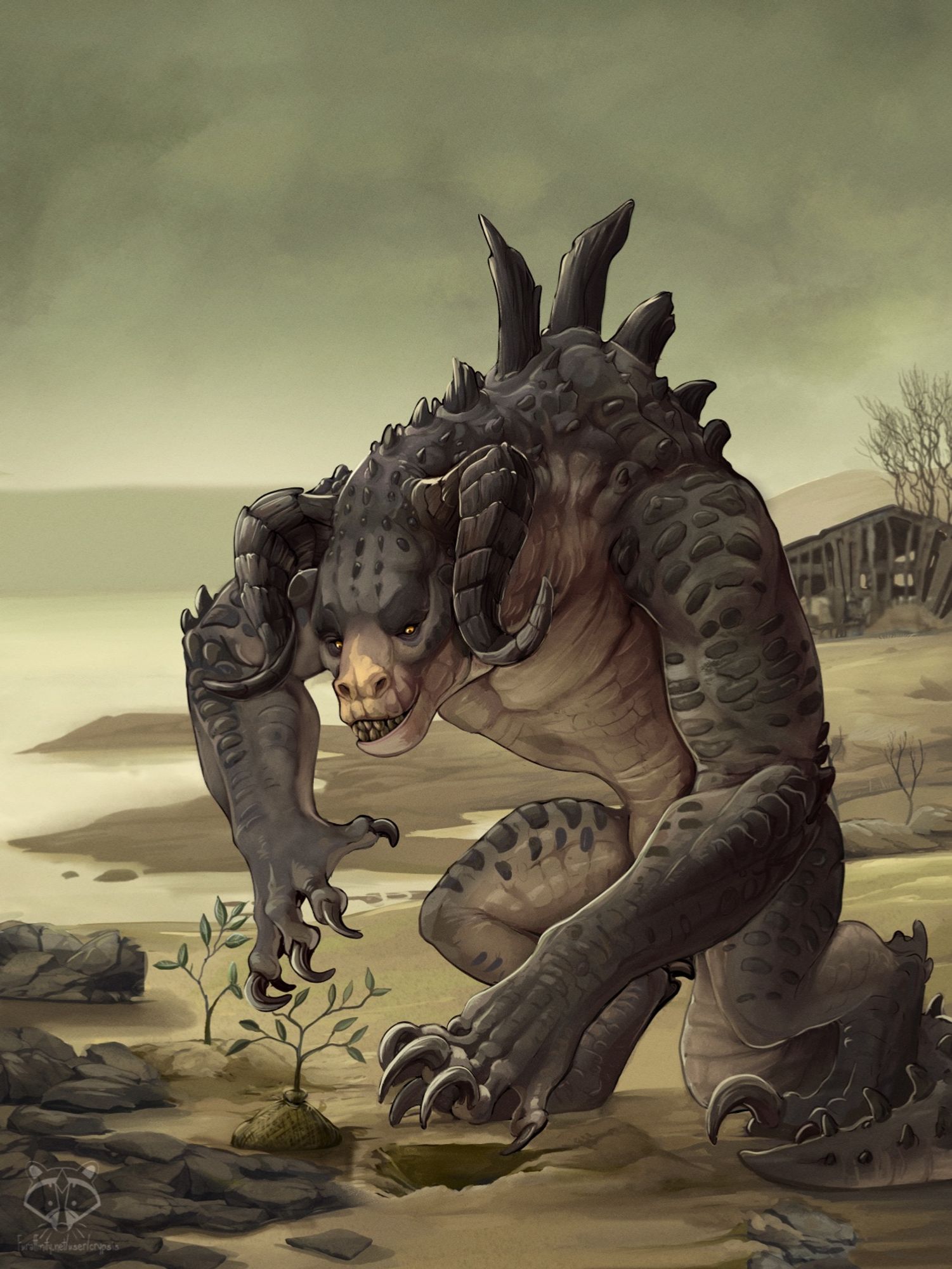 A digital illustration of a green and dirty yellow hued wasteland shoreline. In the background is a dilapidated shack and a rocky waterline. In the foreground is a detailed Deathclaw (large,mutated reptilian based species from the Fallout universe) tending to saplings and digging a hole for one not yet planted.