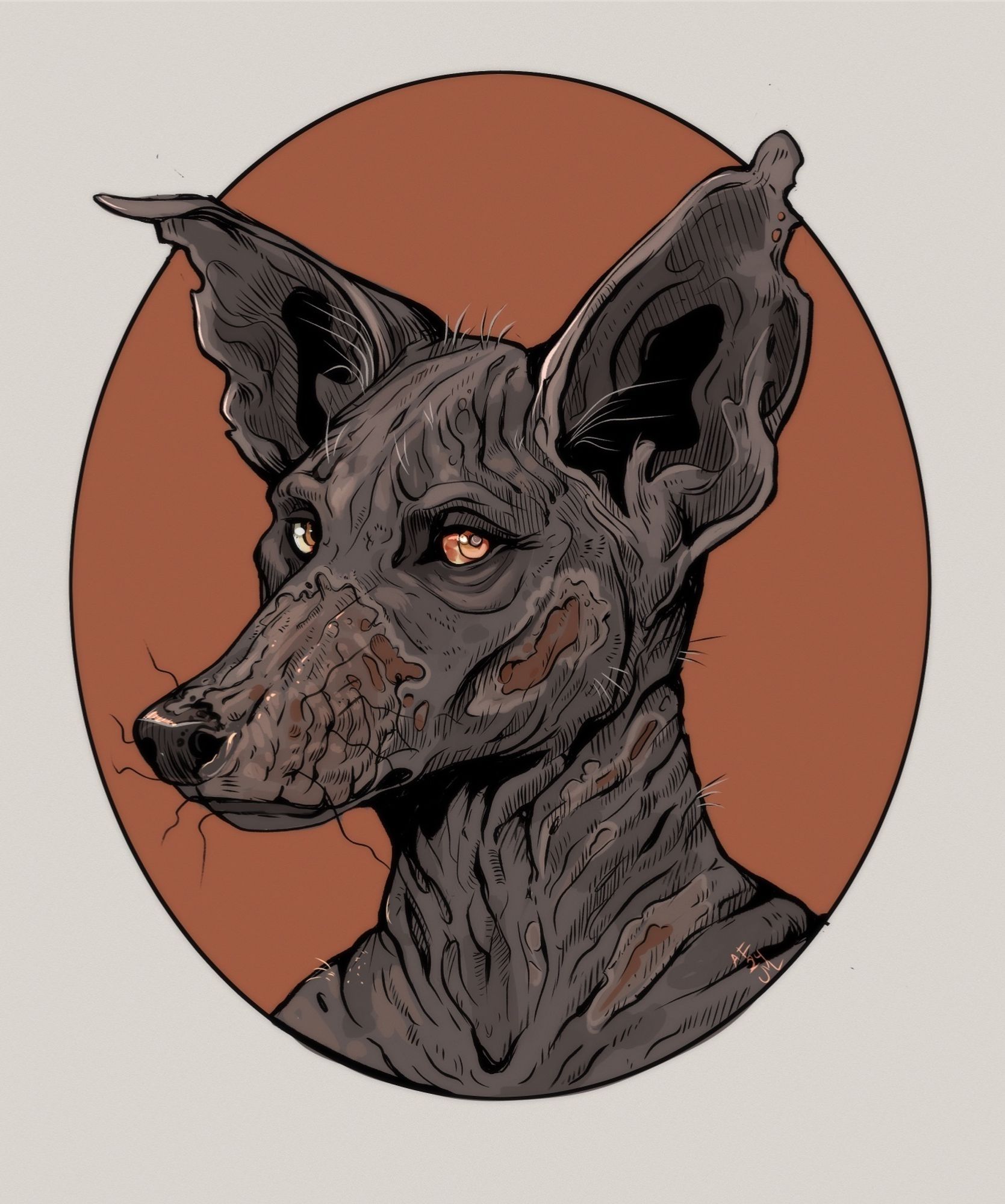 An illustrated portrait of an anthropomorphic coyote without fur and radiation burns.