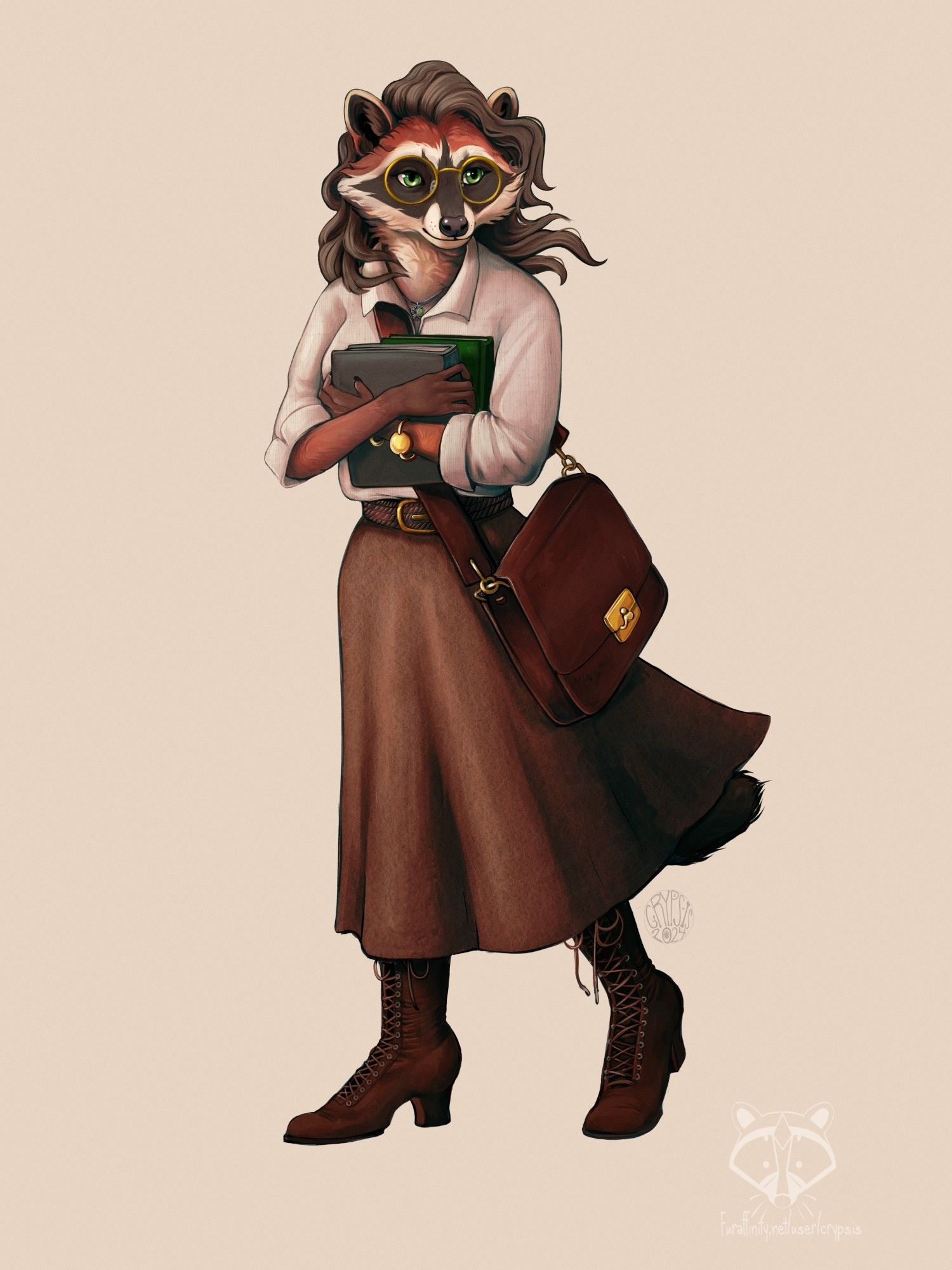 An illustration of a windblown anthropomorphic ginger raccoon in a long skirt holding books .