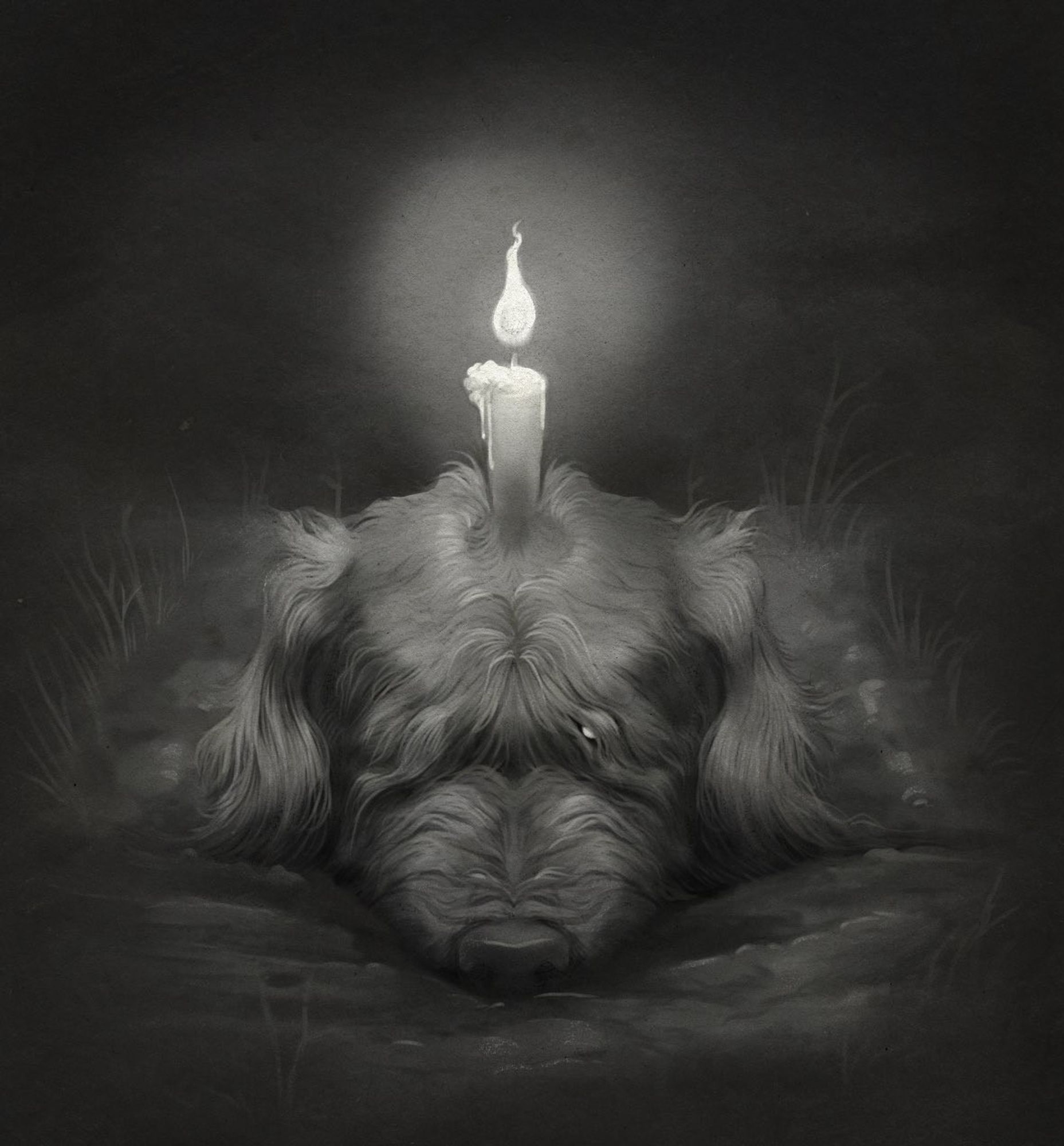 A black and white painted portrait of the pokemon Greavard buried in earth with just head and candle visible.