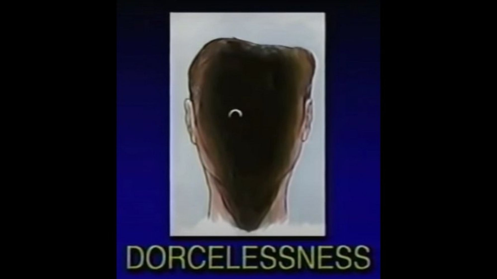 a scary image from the analog horror video Blue Channel with the caption Dorcelessness