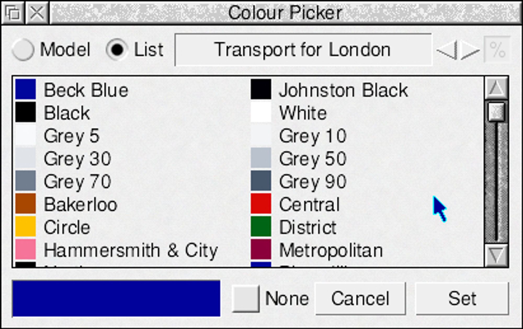 RISC OS colour picker showing a colour library supplied by Transport for London.