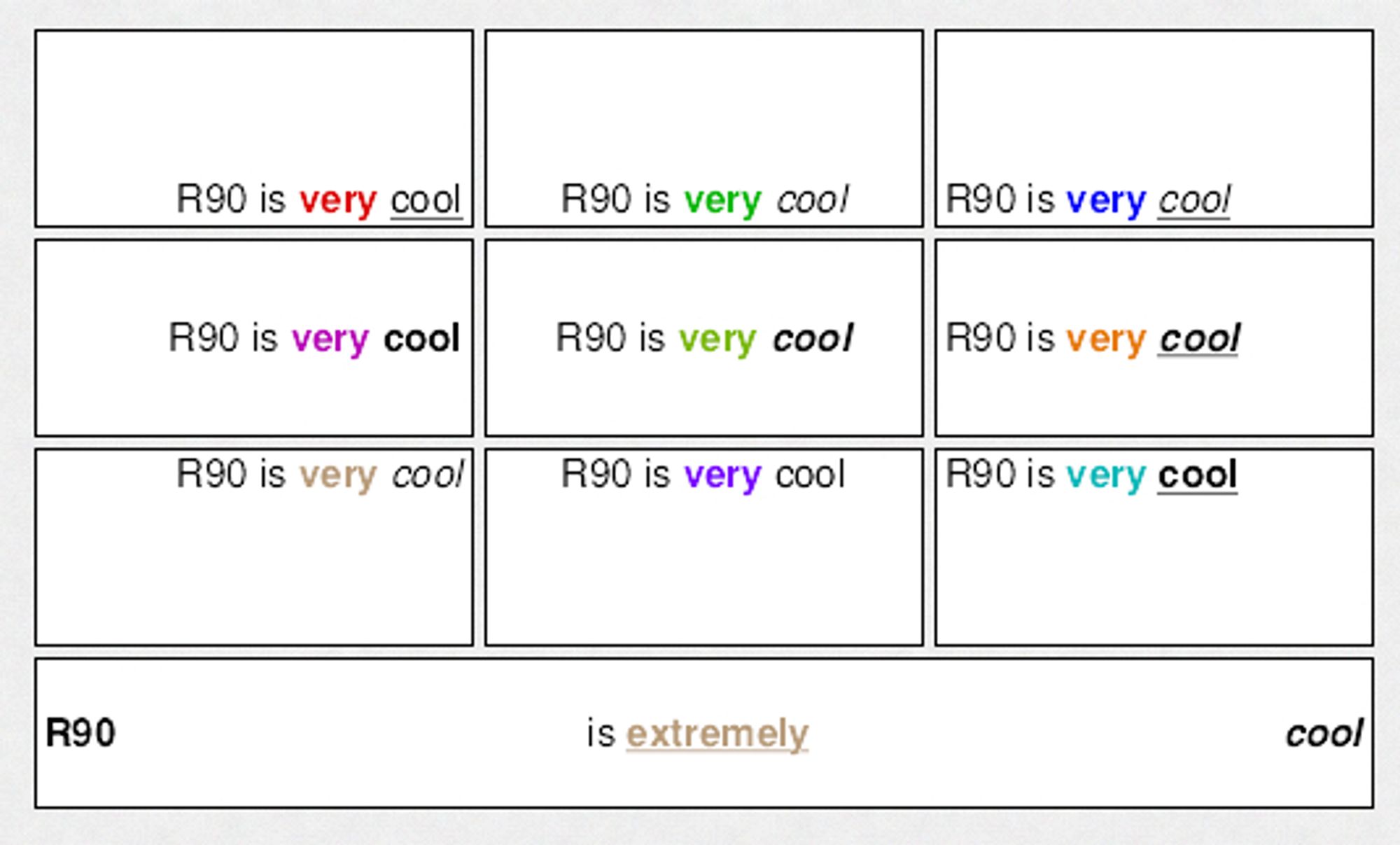 RISC OS icons of type R90 being rendered by a separate module via FilterManager. R90 applies bold and italic to the configured desktop font; supports WIMPSymbol; allows up to six colours; underlining; tabs; and now support nine different alignments within the bounding box.