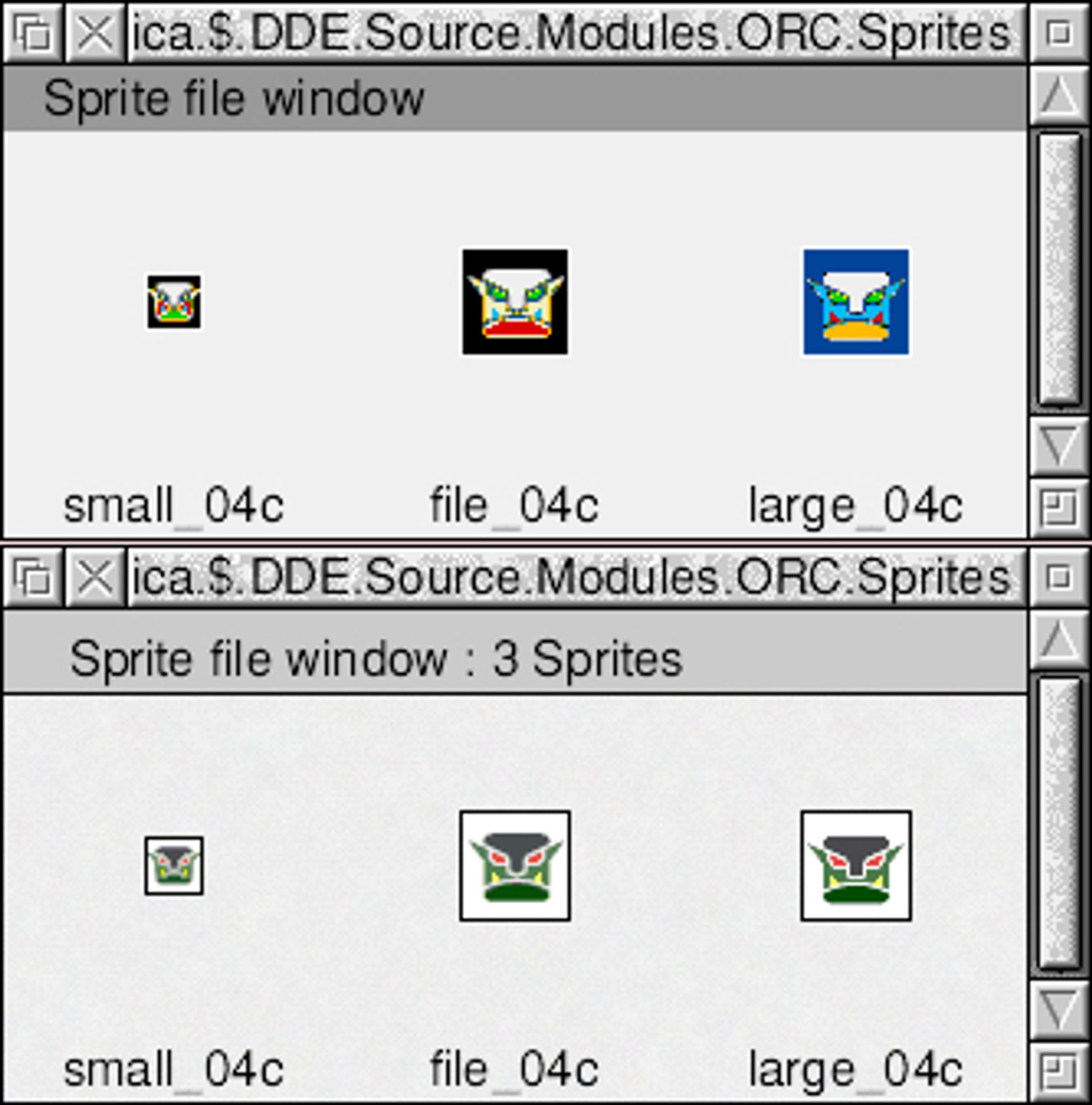 A SpriteFile containing Sprites that contain MetaData – in this case, ‘gama’ chunks defining their colourspace so that the AutoGamma module can do colour-management on the fly. Because !Paint’s source code predates SpriteOp,37 for reading the palette it tries to grok the sprite data directly, contrary to the API. Consequently it gets completely the wrong result when metadata is present. Note that !Draw has always worked correctly – it’s only THE SPRITE EDITOR that fails to use the SPRITE API!
Top: RO5 !Paint getting colours completely wrong.
Bottom: Patched RO4 !Paint 2.56 getting the colours correct, and with automatic colour management (though not in its palette window, obviously).