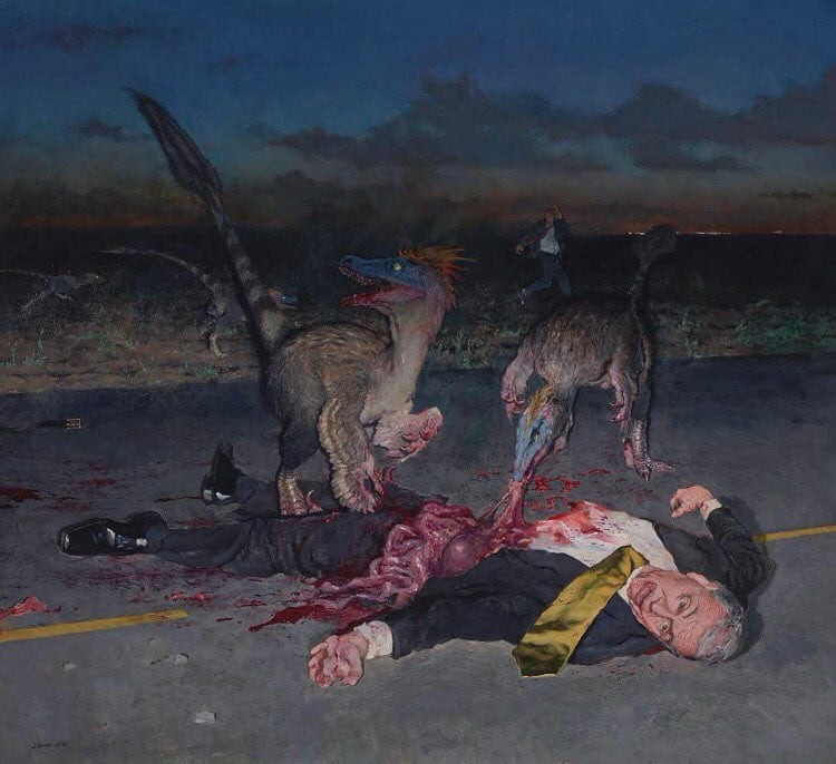 John Brosio painting titled Dinosaurs Eating CEO