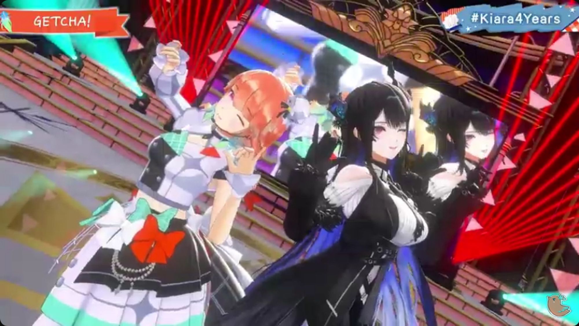 Takanashi Kiara and Nerissa Ravencroft strike a pose after singing Getcha in a VR dancing stage