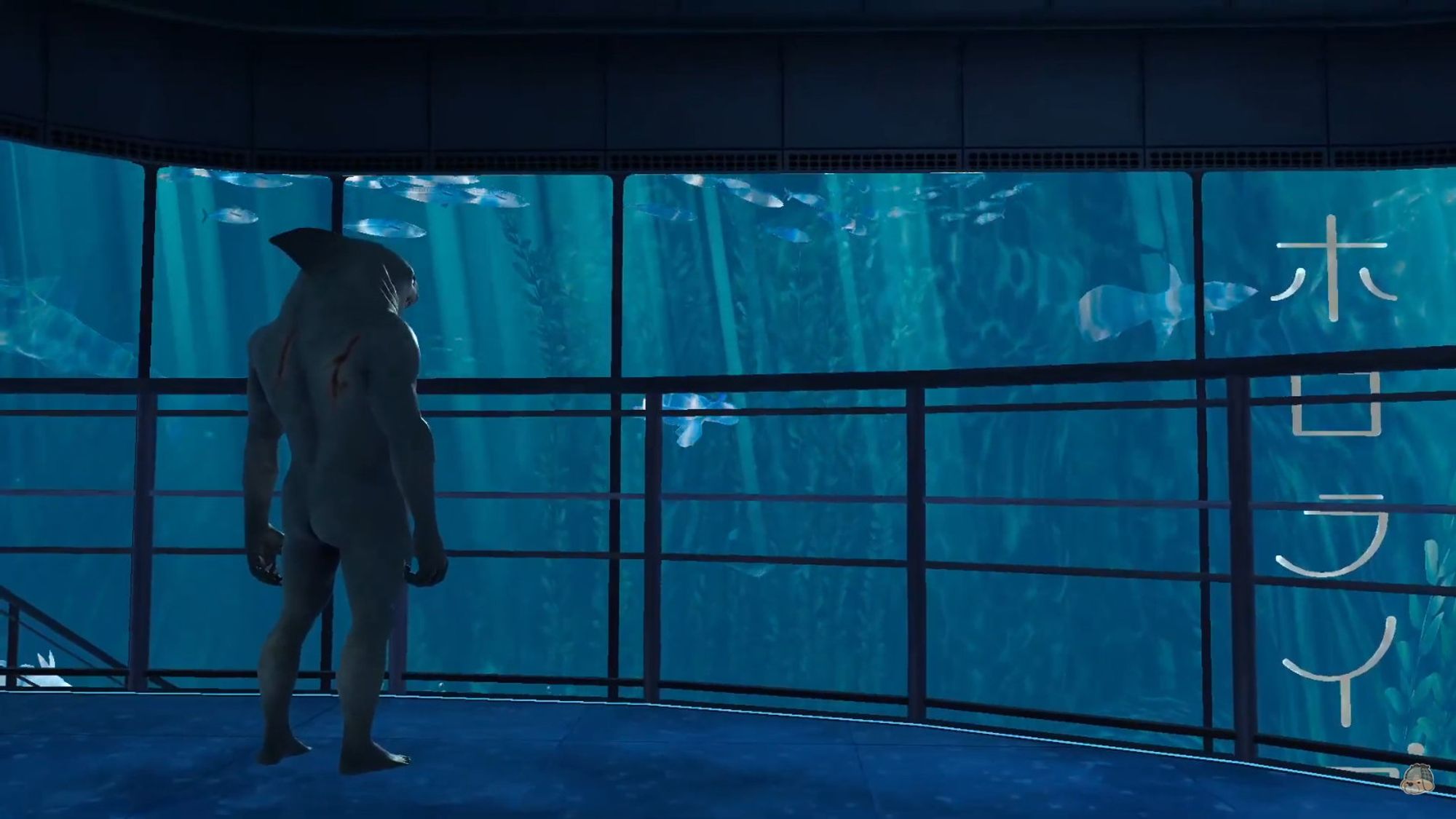 Sharkmen creature looks from the balcony towards a large aquarium. Screenshot from the video  CHARITY STREAM Ame 4 Ocean Conservation at youtube.