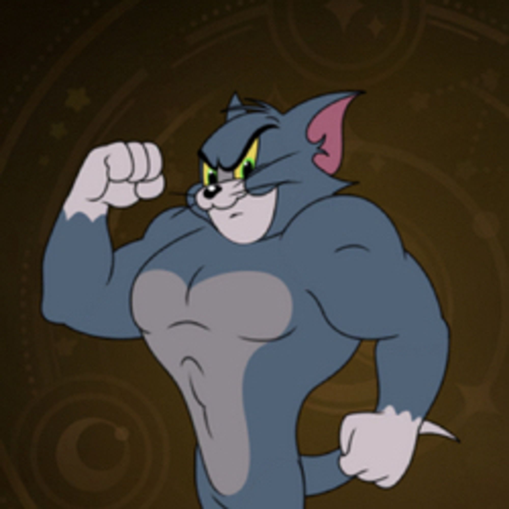 Tom the cat from Tom and Jerry (a grey cat) but he has humanoid muscles.