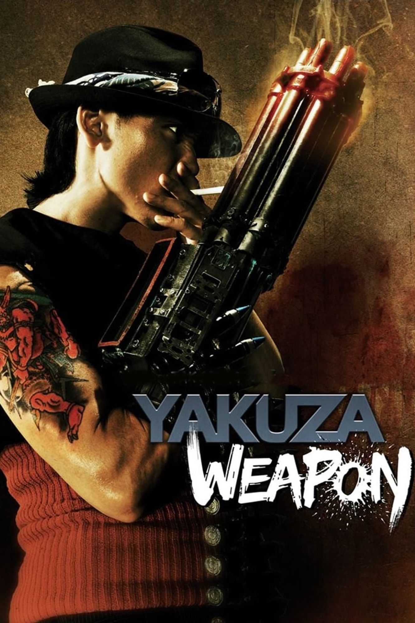 Pôster do filme Yakuza Weapon, de 2011

Sinopse: Após quatro anos no exterior, Shozo retorna ao Japão para vingar seu chefe yakuza que foi assassinado por seu próprio chefe traiçoeiro, Kurawaki. A batalha resultante deixa ambos os homens gravemente feridos, e Shozo acorda em uma misteriosa unidade médica para encontrar seu braço substituído por um canhão M61 Vulcan e sua perna substituída por um lançador de foguetes. Enquanto isso, Kurawaki foi equipado com acréscimos mecânicos próprios. Prepare-se para o segundo round.