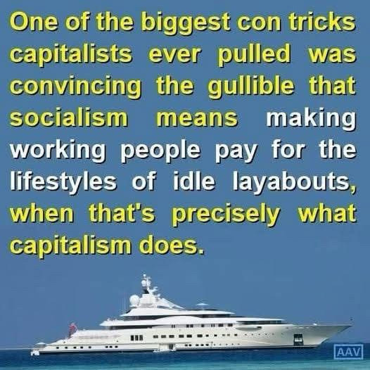 a photo of humongous sleek white yacht starkly standing out against the dark blue water below and a light blue sky beyond has the following text filling the sky:

One of the biggest con tricks capitalists ever pulled was convincing the gullible that socialism means making working people pay for the lifestyles of idle layabouts, when that's precisely what capitalism does.

AAV