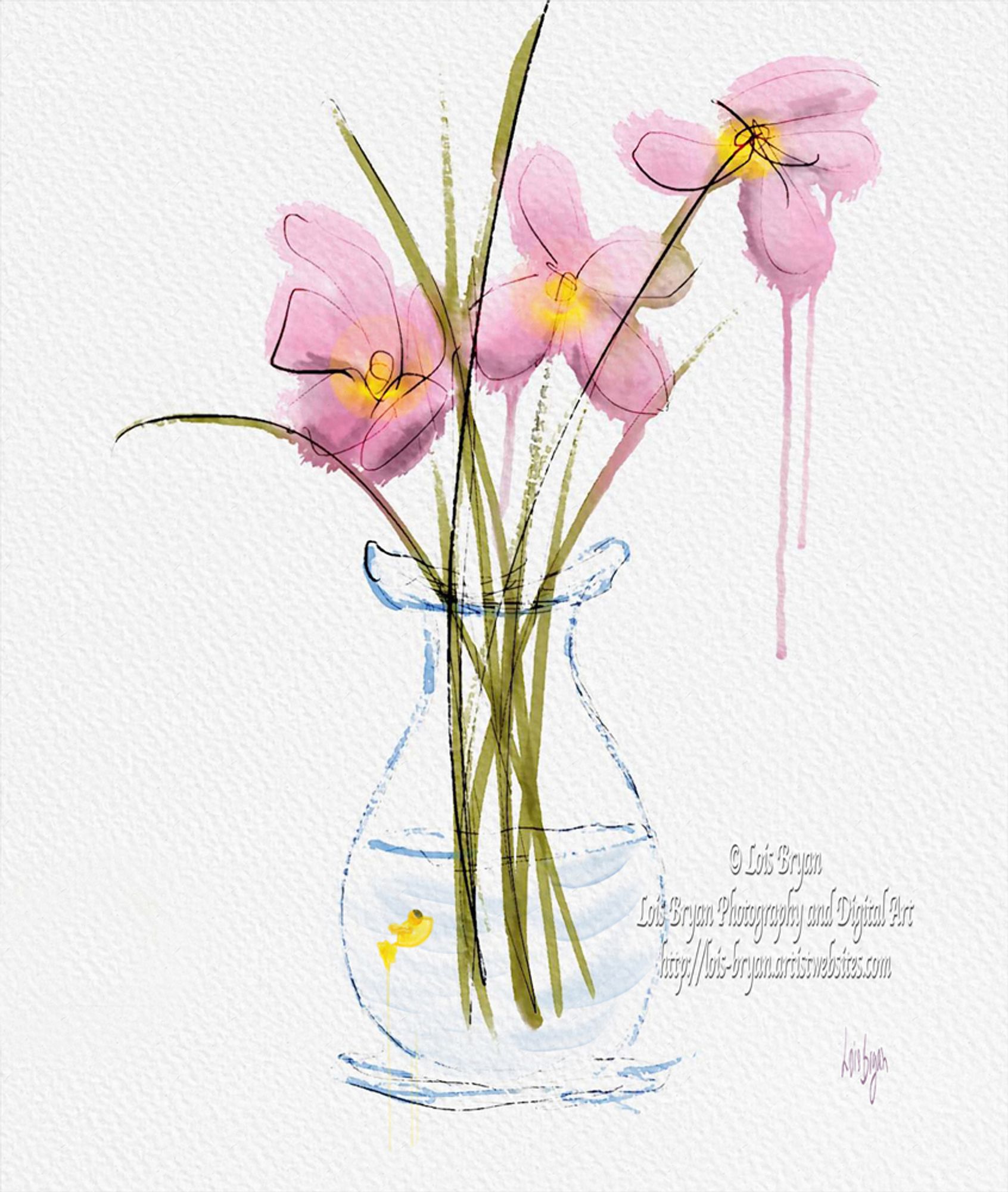 A whimsical vision of flowers plopped into a previously occupied vase.

Three watercolor-y pink daisies seem to have been tossed into their pretty blue vase rather carelessly. The vase already has an occupant ... a teeny tiny goldfish! Looking closely, we can see what appears to be a look of genuine surprise on Fishy's little face!!!

This image was hand-painted, freehand, in Rebelle using their fabulous watercolor brushes. Created completely from my imagination ... no photos used as reference. No Ai / Artificial Intelligence programs involved.