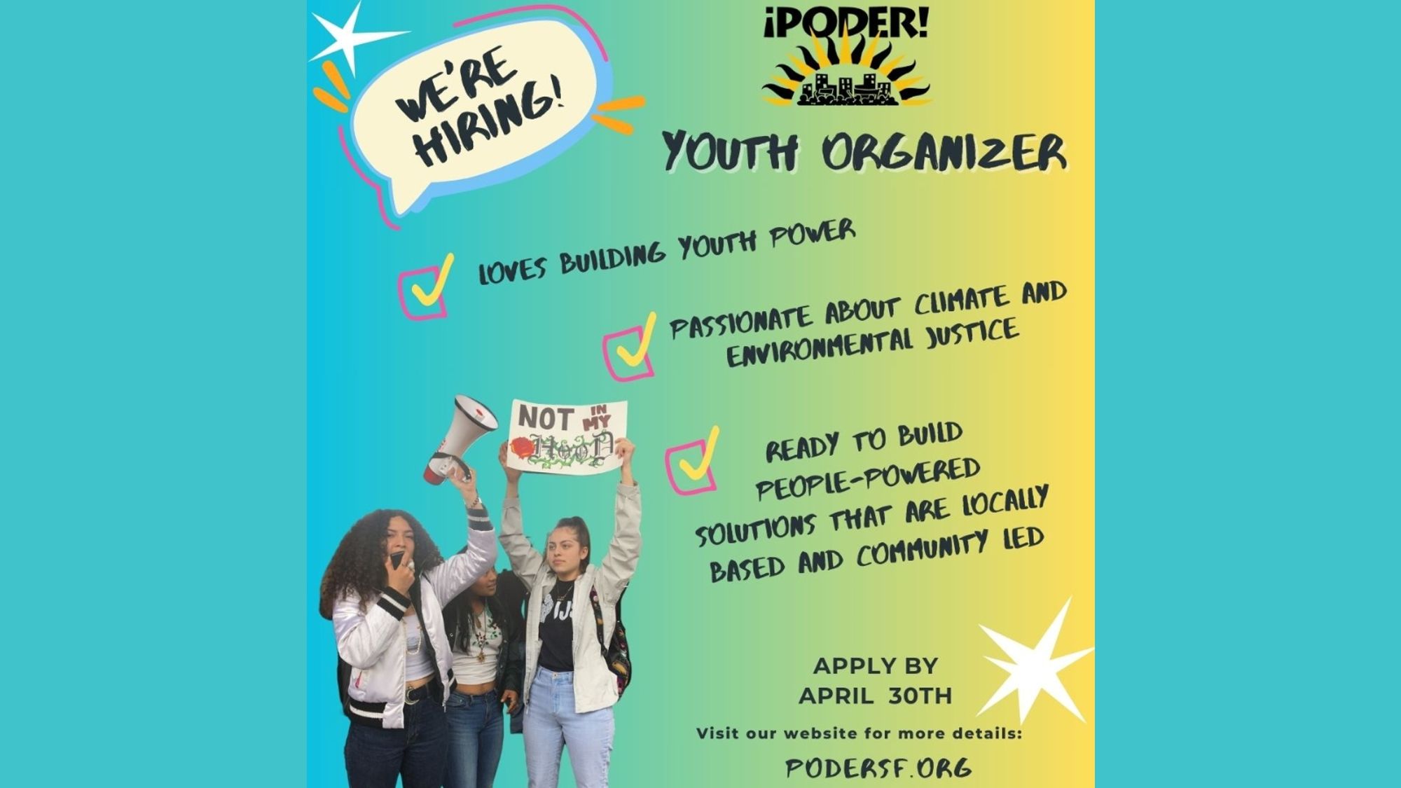 Poster advertising Youth Organizer positions with PODER SF. Info & application details at: podersf.org