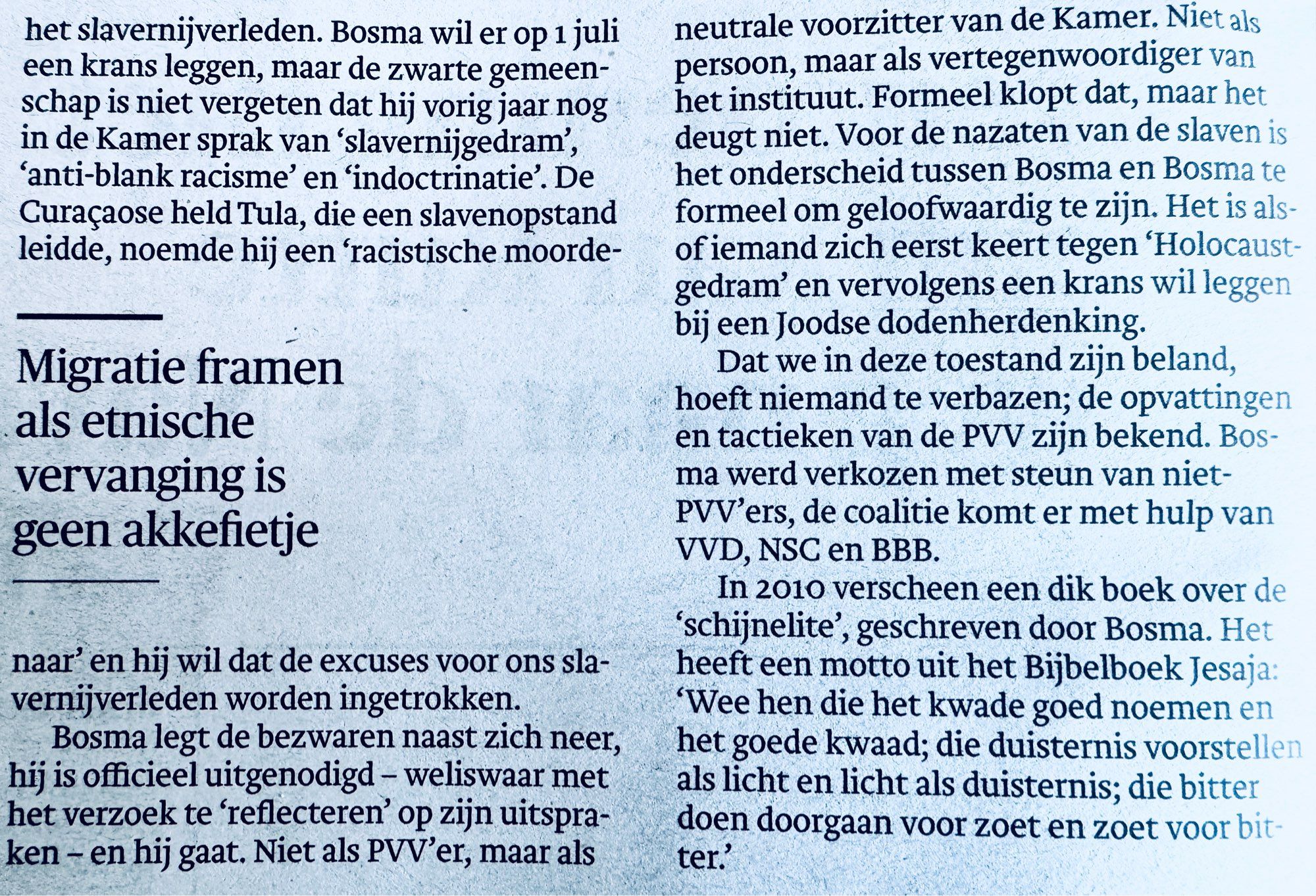 Column in dagblad Trouw door Stevo Akkerman: “Het slavernijgedram van Bosma”, deel 2