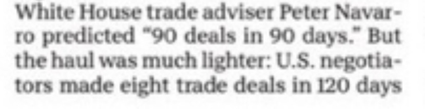 A paragraph in the Indy star article that says instead of 90 deals in 90 days, the us did 8 deals in 120 days