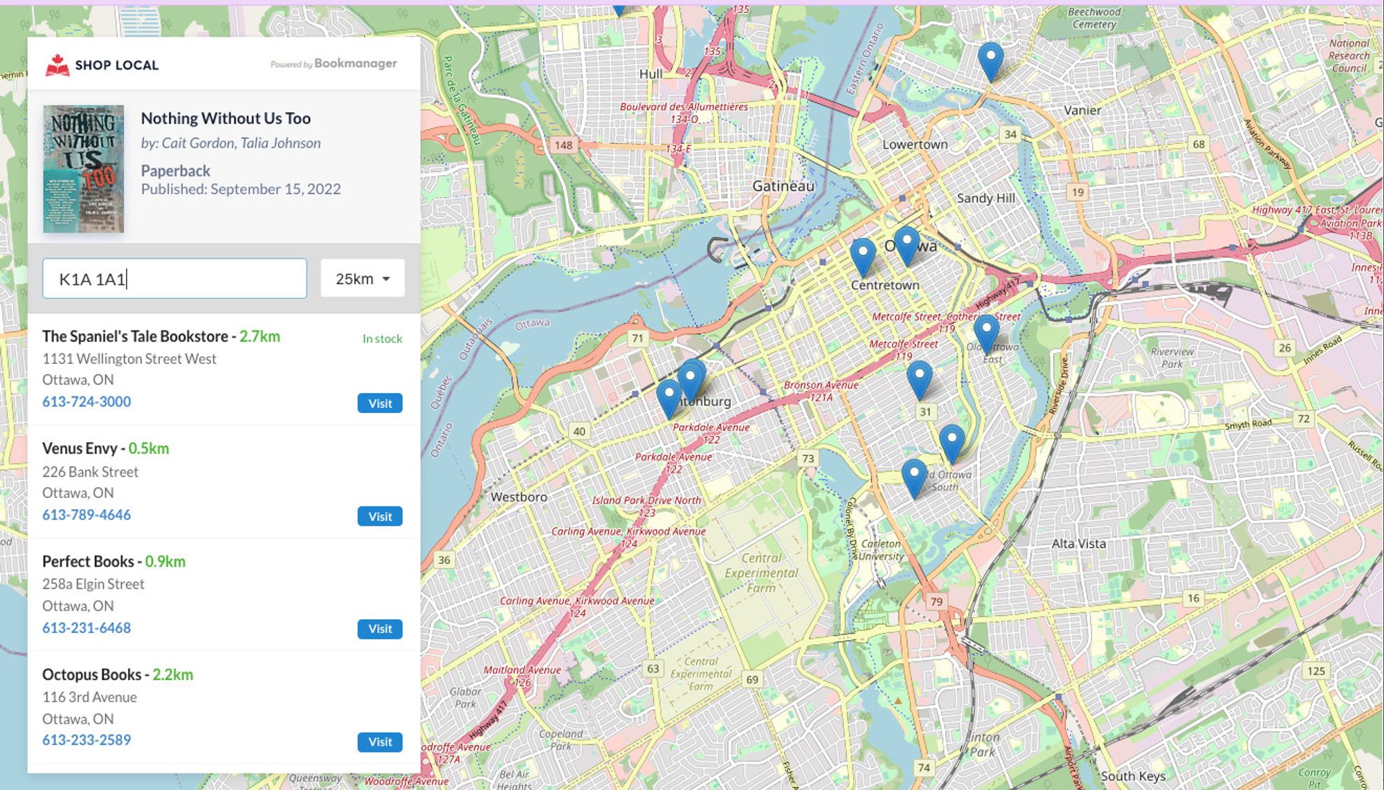 Image of ShopLocal Bookfinder web page, showing bookstores that have copies of Nothing Without Us Too near Parliament