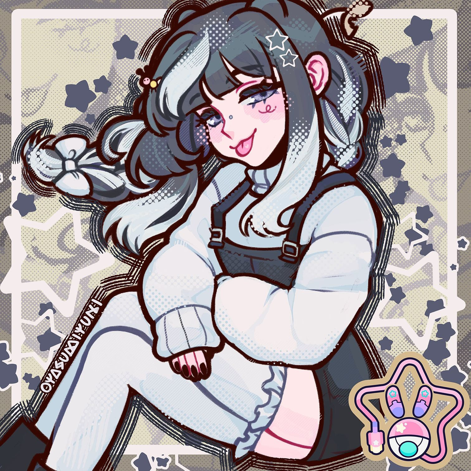 ◊ Doodle² ◊
@Spwooqi on Twitch! 

Smug expression, blep tongue out, halftones sprinkled lightly on any transitional parts of their hair and outfit. Much sketchier/looser illustration.