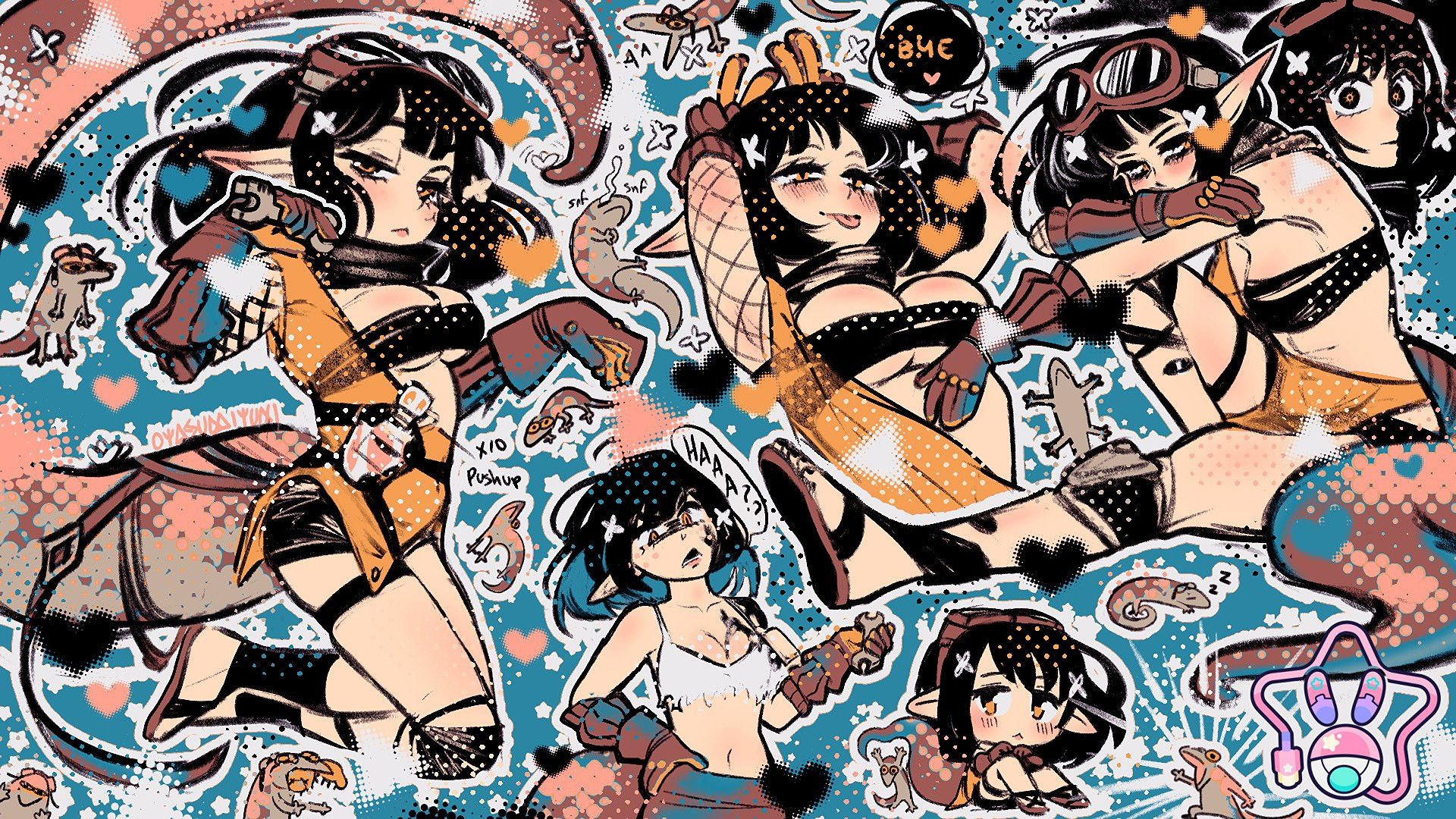 ◊ Doodle Page Base ◊

Skeb type illustration where the client commissions me to illustrate a character of their choice, but leaves me to have creative freedom and artistic liberties. This character is from Arknights, Eunectes. She has on goggles, a black tube top,a garment half covering her that holds vials and other trinkets, two toned gloves, one sleeve of fishnets, shorts, belts, knee braces,and open-toed sandals. She has short hair, long ears, and a HUGE tail. In the middle of the illustration I drew her with a torn/cropped white tank top.I've illustrated her in a range of expressions from disinterested, tired, angry, and a few softer cheeky expressions. There are also some little lizards I threw in there for fun on some of the empty spaces, also ranging in expressions like. I use a limited color palette to compose these pieces by working in grayscale primarily. I scatter stars, sprinkle halftones, allow for the illustration to stay sketchy, and fill in spaces with character expressions or chibis if possible.