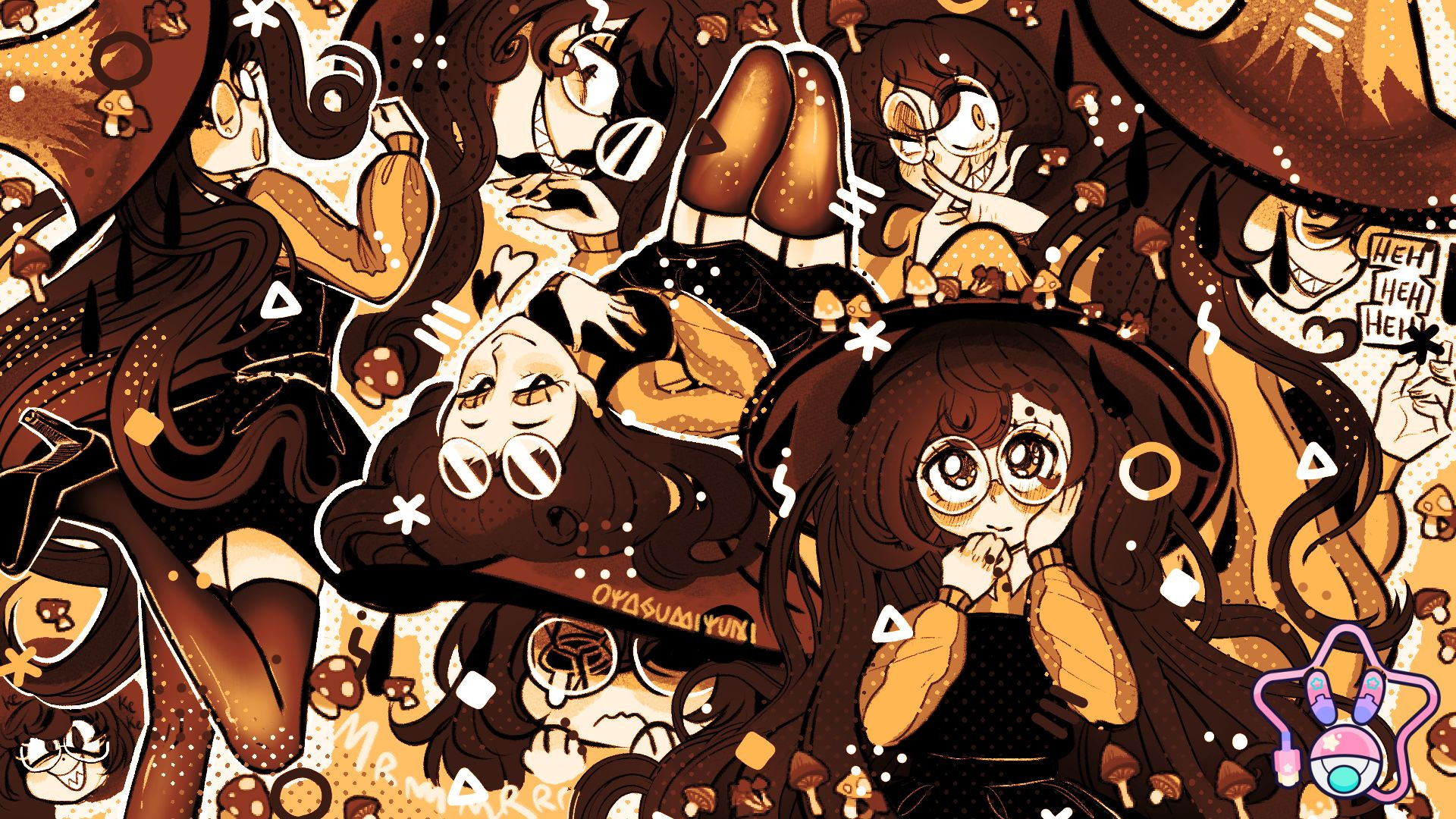 ◊ Doodle Page Base ◊

Skeb type illustration where the client commissions me to illustrate a character of their choice, but leaves me to have creative freedom and artistic liberties. This character iirc is an OC named Lore, a witchy inkcap character. They wear a big inky cap, with glasses, a pinafore, stockings up to the thigh, heels, and a poofy vertically striped sweater. Her hair is long and curly so sometimes it frames each expression on the page. I've illustrated her in a range of expressions from shocked, pouty, smug, shy, cutesy, menacing and evil. I use a limited color palette to compose these pieces by working in grayscale primarily. I scatter stars, sprinkle halftones, allow for the illustration to stay sketchy, and fill in spaces with character expressions, chibis, or mushrooms if possible.