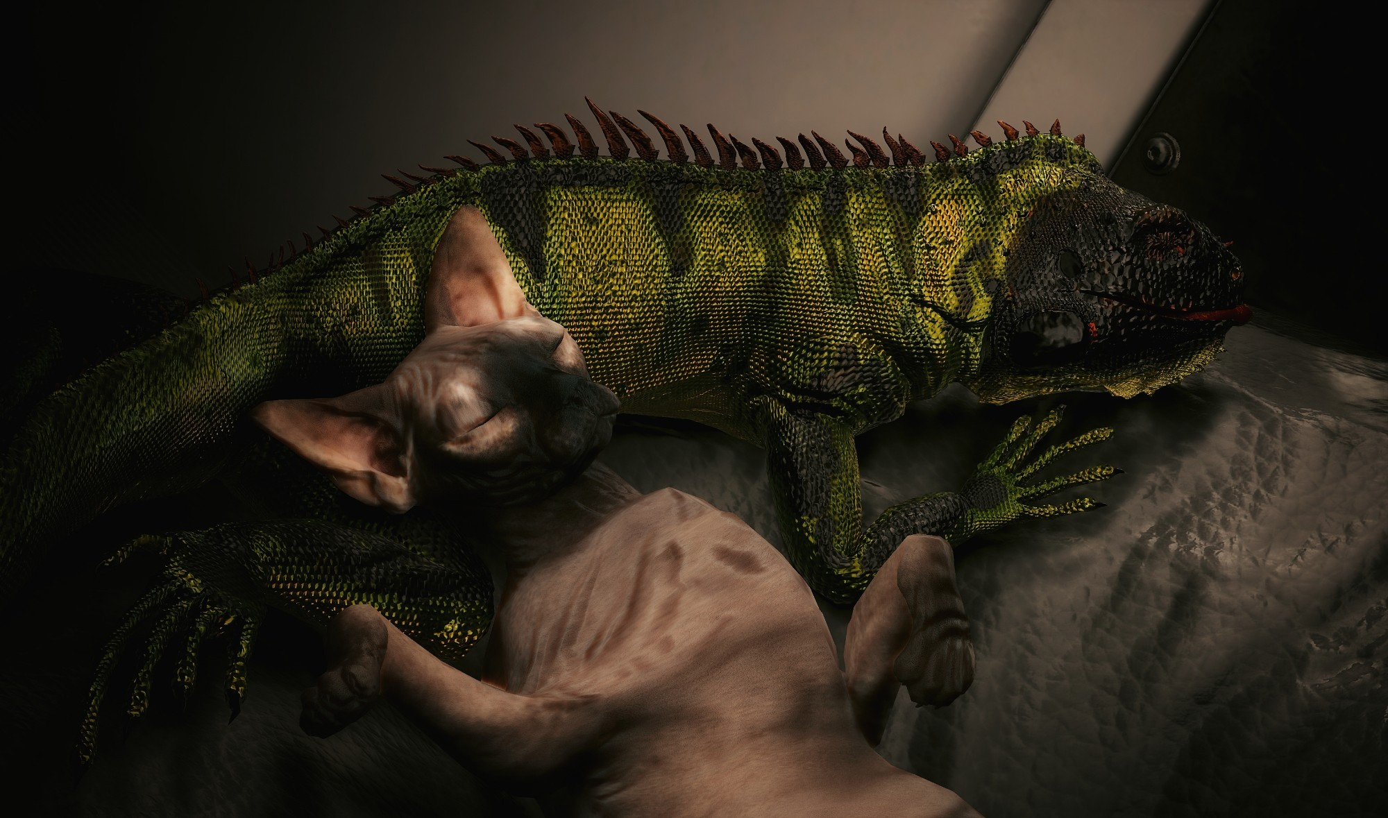 An iguana and sphinx cat sleeping