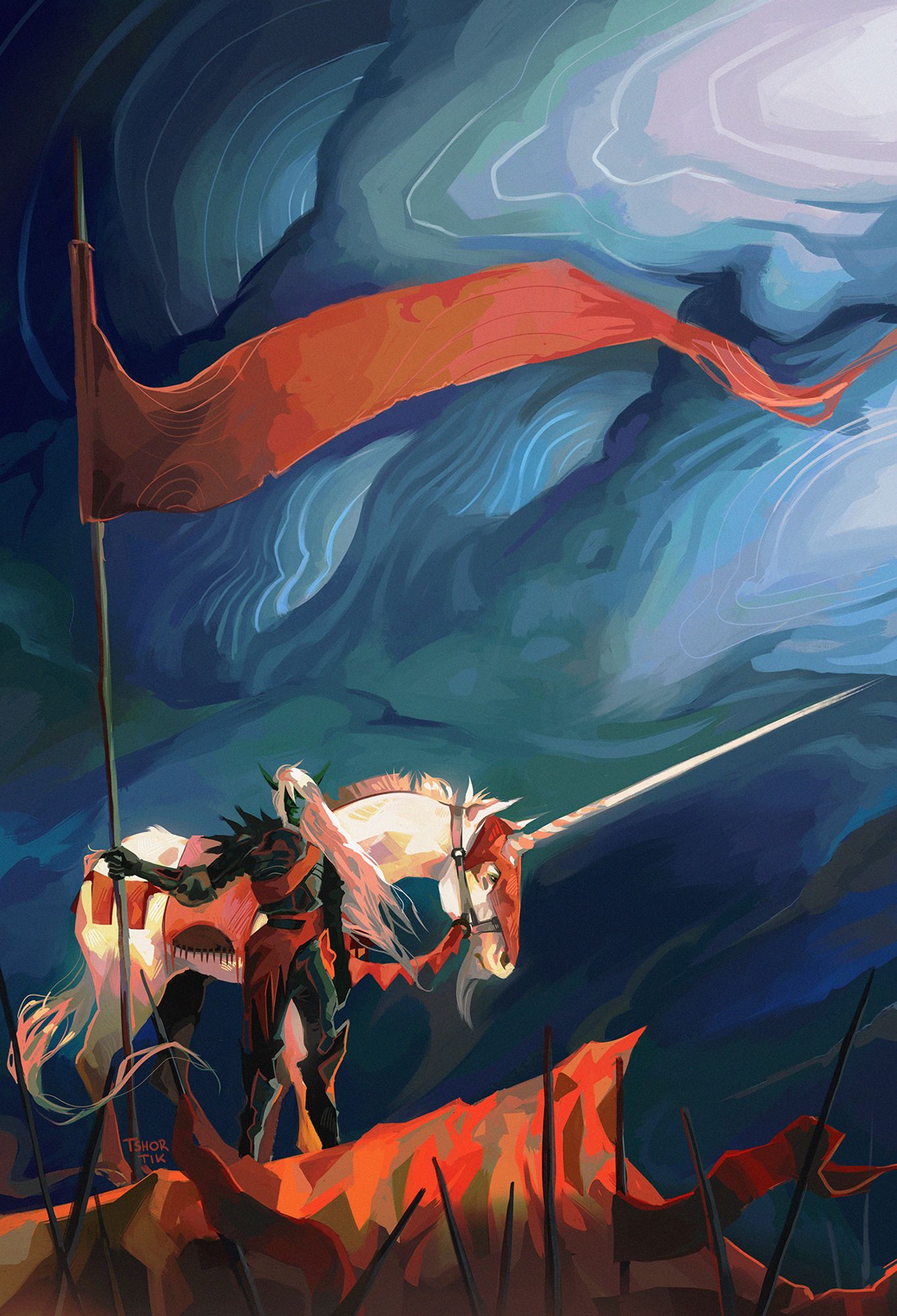 Swirly dark clouds in the back. In the foreground, a dark elf (drow) clad in black armor, who is standing next to a white unicorn in a ceremonial horse's harness. The drow's long white hair is flowing in the wind, and they are holding a tall flag pole with a red flag fluttering in the wind. The drow is standing on a large rock that gleams red in the sunlight, despite the dark clouds. Beneath them are hints of numerous other red flags, indicating a crowd or army, that is marching beneath them.