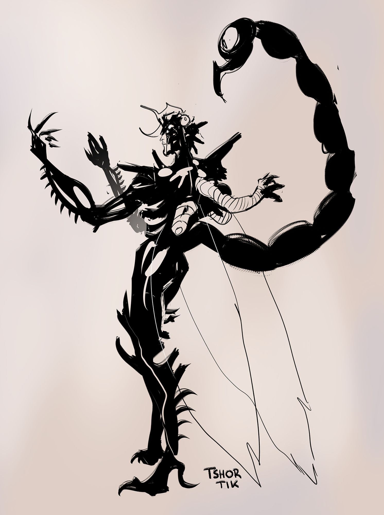 An inky sketch of a devil character from a dnd game. The devil has a sleek black carapace that is both armor and his own skin. Parts of his body look hollow. Out of his back two large wasp wings are growing, while his tail is resembling a scorpion tail. The devil is slightly turned away from the viewer as he is curiously looking at his hands.