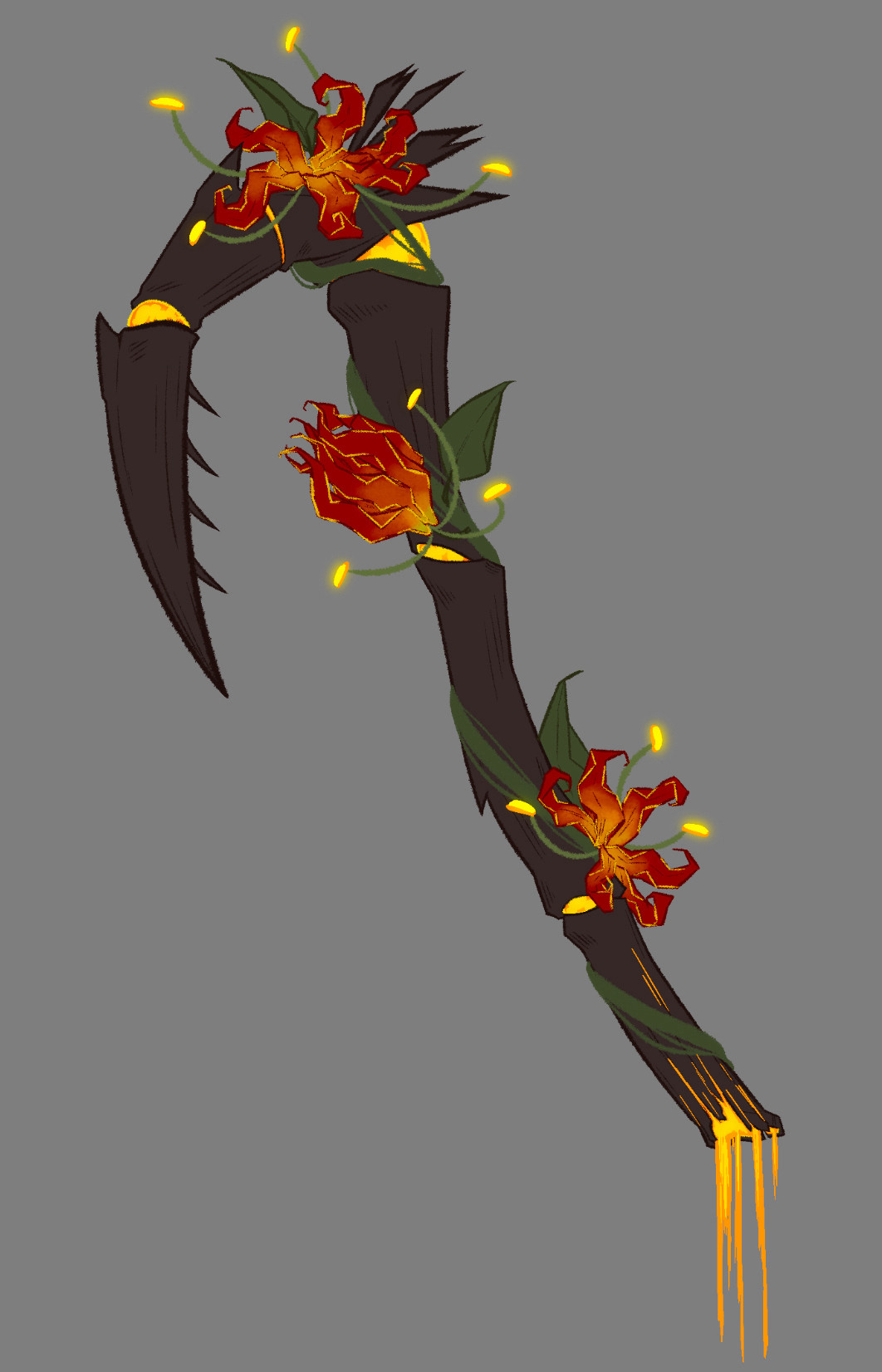 a wraith weapon cosmetic concept. essentially one of the entity’s spiny, spider-like arms repurposed as an axe. fire lilies sprout from vines covering the axe.