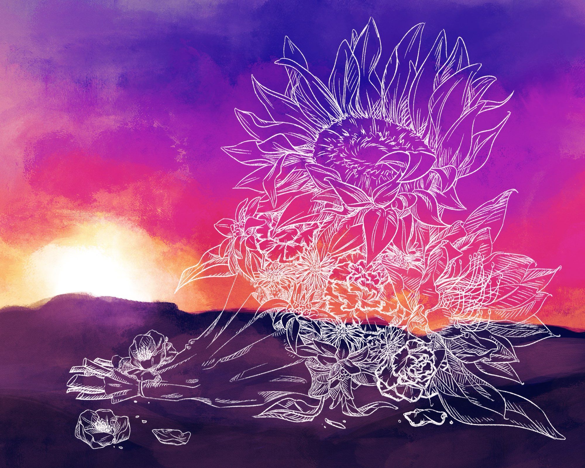 line art of a bouquet of flowers against a painterly sunset backdrop.