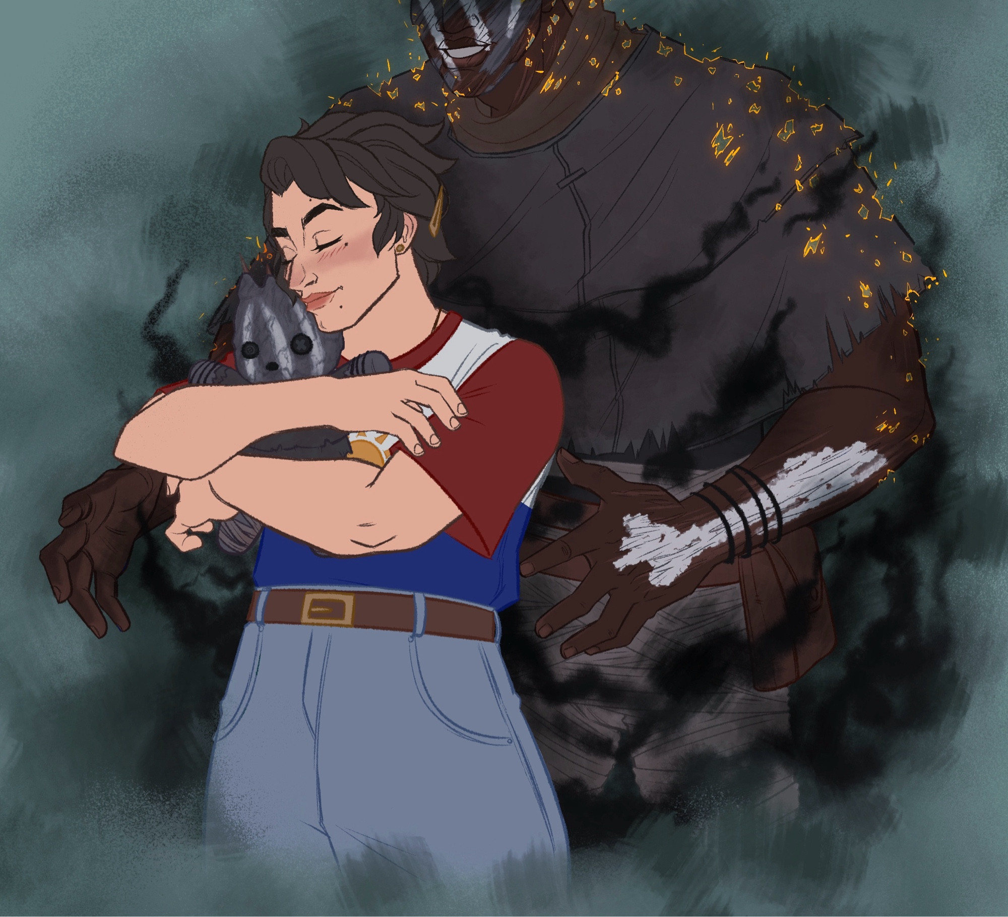 drawing of my dead by daylight oc, theia (they/he), hugging the wraith teddy bear from the casting of frank stone. meanwhile, philip is silently uncloaking behind them.