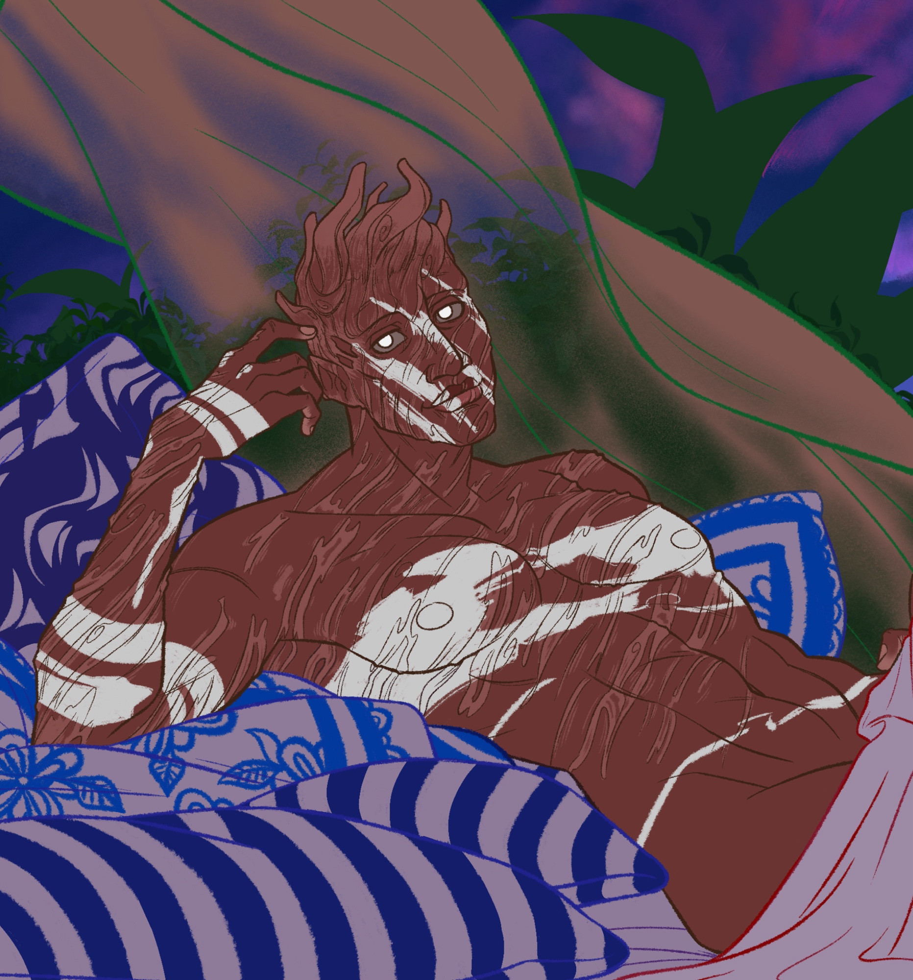 drawing of philip "the wraith" ojomo, as he appears in Hooked on You, lounging shirtless on a throne of pillows.