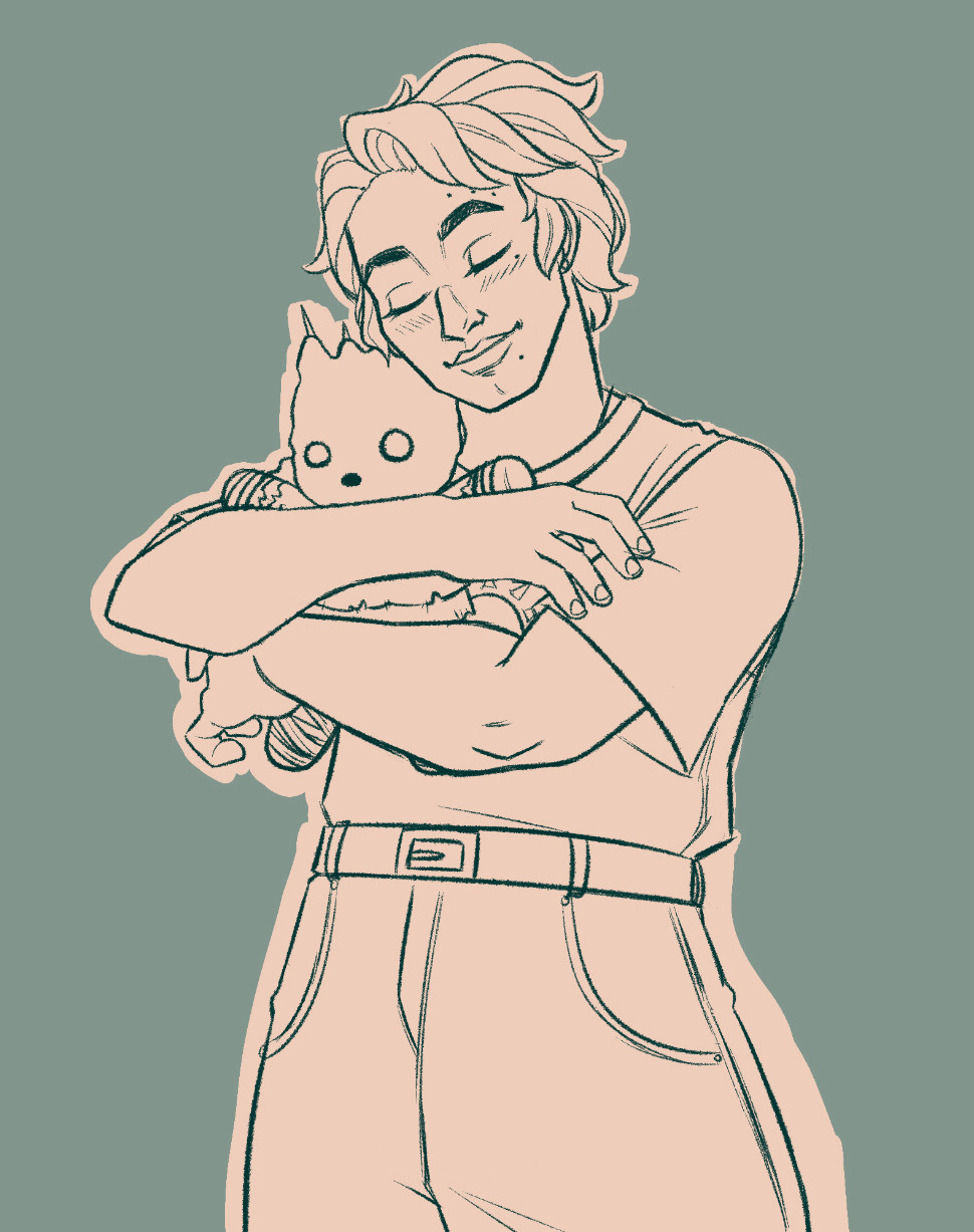 drawing of my dead by daylight oc, theia (they/he) hugging the teddy bear wraith from the casting of frank stone