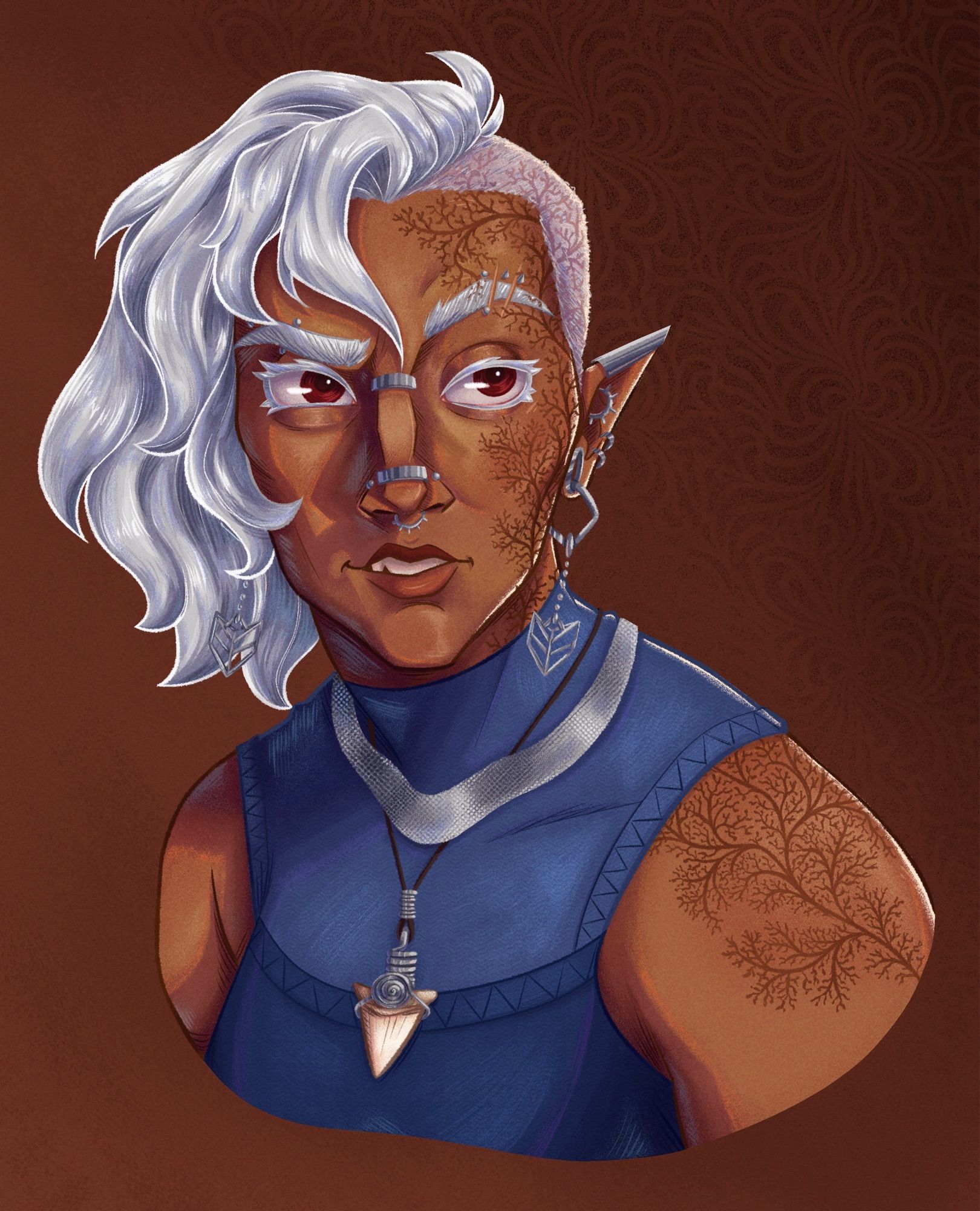 portrait of my breath of the wild o.c., aster (they/them). they have deep tan skin, wild white hair and red eyes. they’re covered in silver piercings, and have a fractal scar traveling up their shoulder and across the side of their face.