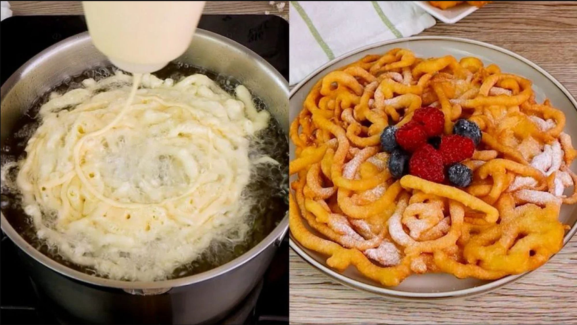 Funnelcake während und nach der Zubereitung