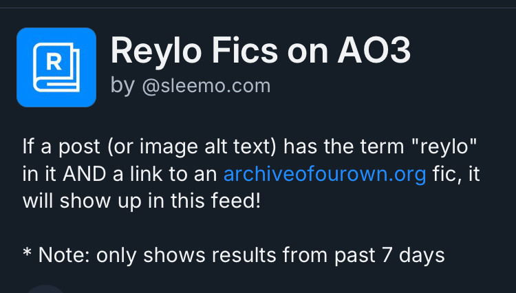 Reylo Fics on AO3 by @sleemo.com

If a post (or image alt text) has the term "revlo" in it AND a link to an archiveofourown.org fic, it will show up in this feed!

* Note: only shows results from past 7 days