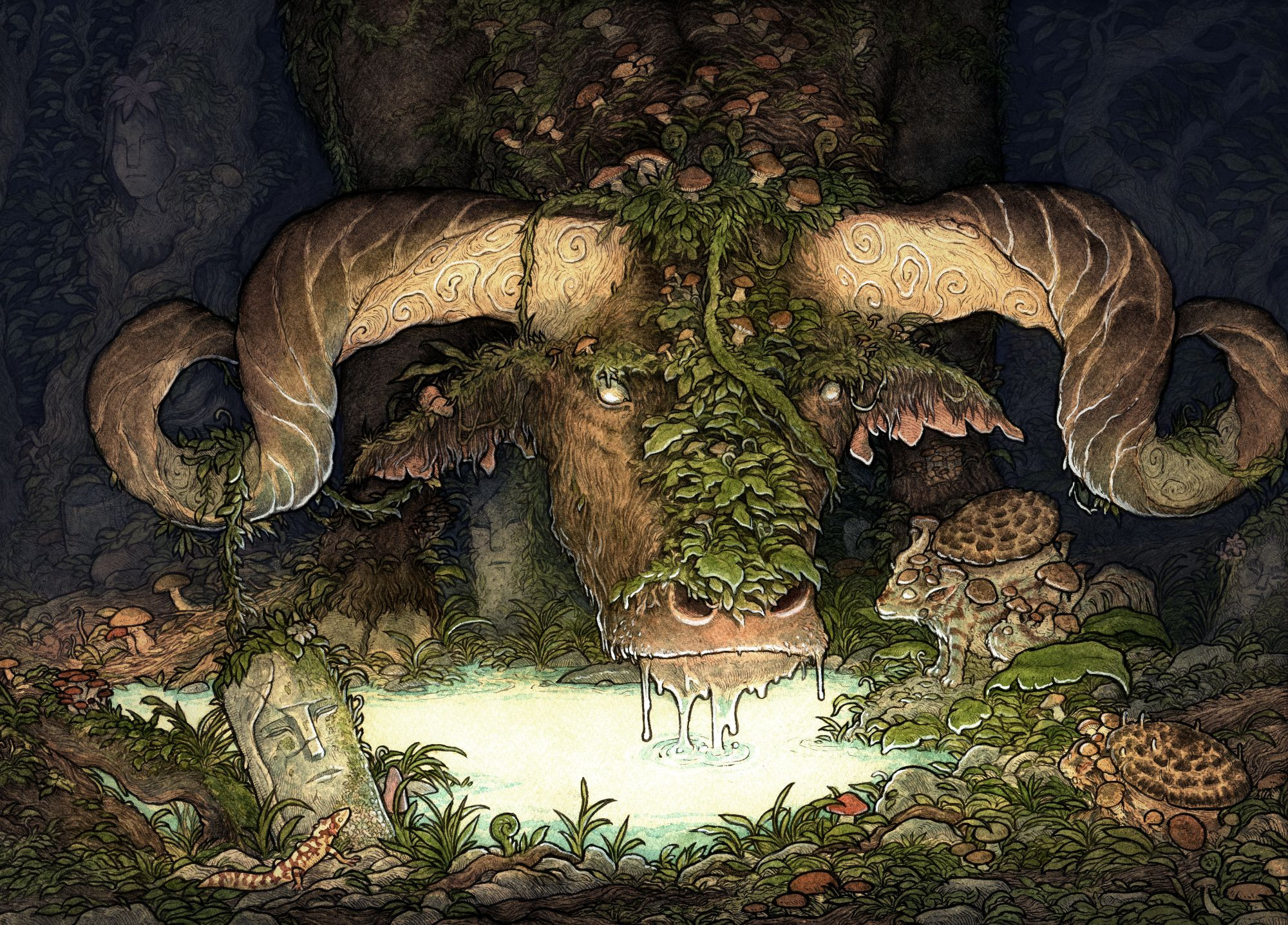 An ancient ox covered in moss, growing foliage, and mushrooms, drinking from a glowing pool of water in a dark forest