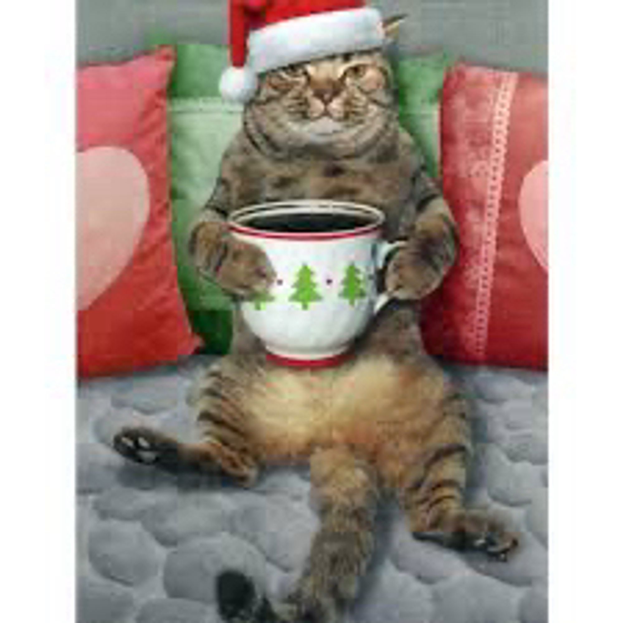 Cat in Santa hat drinking cocoa