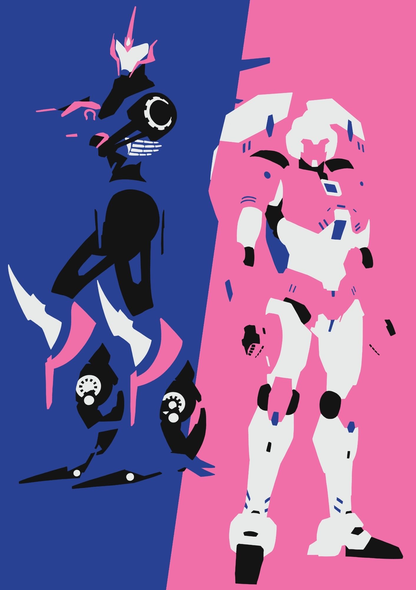 Arcee from Transformers, in a minimalist style.
There are two versions standing next to each other, one is her blue form from Prime, standing in profile with her arms crossed, while her pink IDW form is looking straight at you, fists balled in anger.