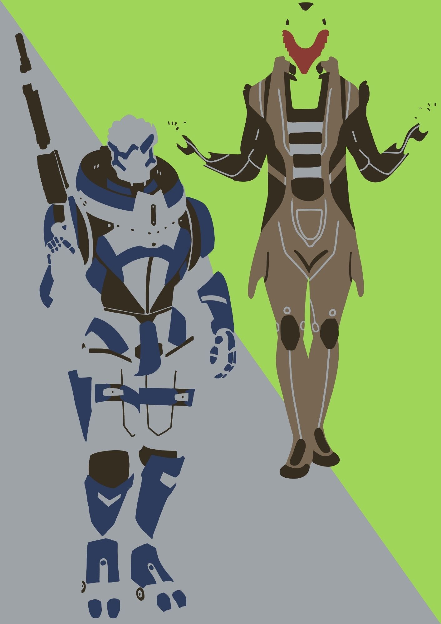 Garrus and Thane from Mass Effect, in a minimalist style.
Garrus is standing, holding a sniper rifle, while Thane is next to him, standing with his arms out and slightly raised, looking up at the sky.